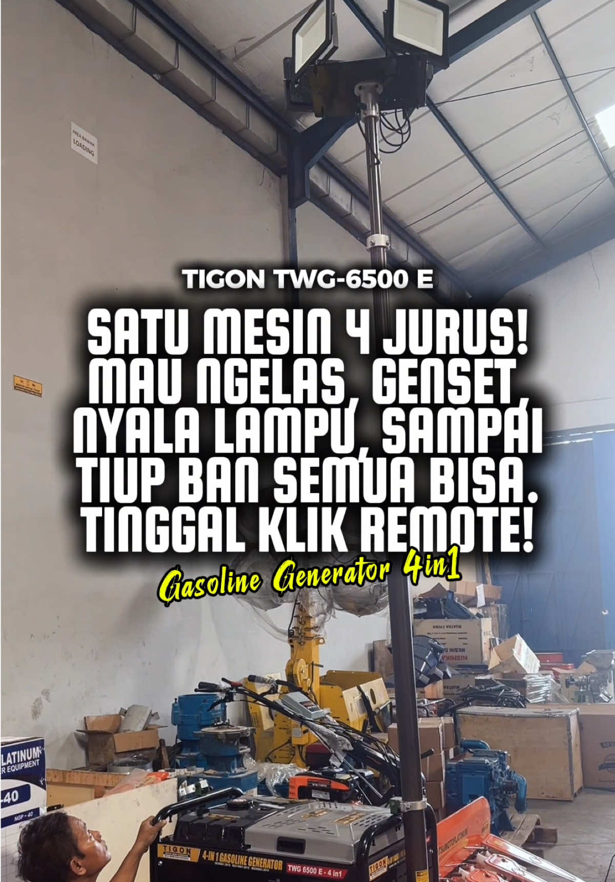 Pergi ke pasar membeli roti, Pulang sore membeli sikat gigi.  Pekerjaan lancar, senanglah hati, Di pabrik kami ada mesin baru lagi. 🔥🤑😍 TIGON TWG-6500 E | GASOLINE GENERATOR 4IN1💪 #tigon #lighttower #genset #compressor #welding 