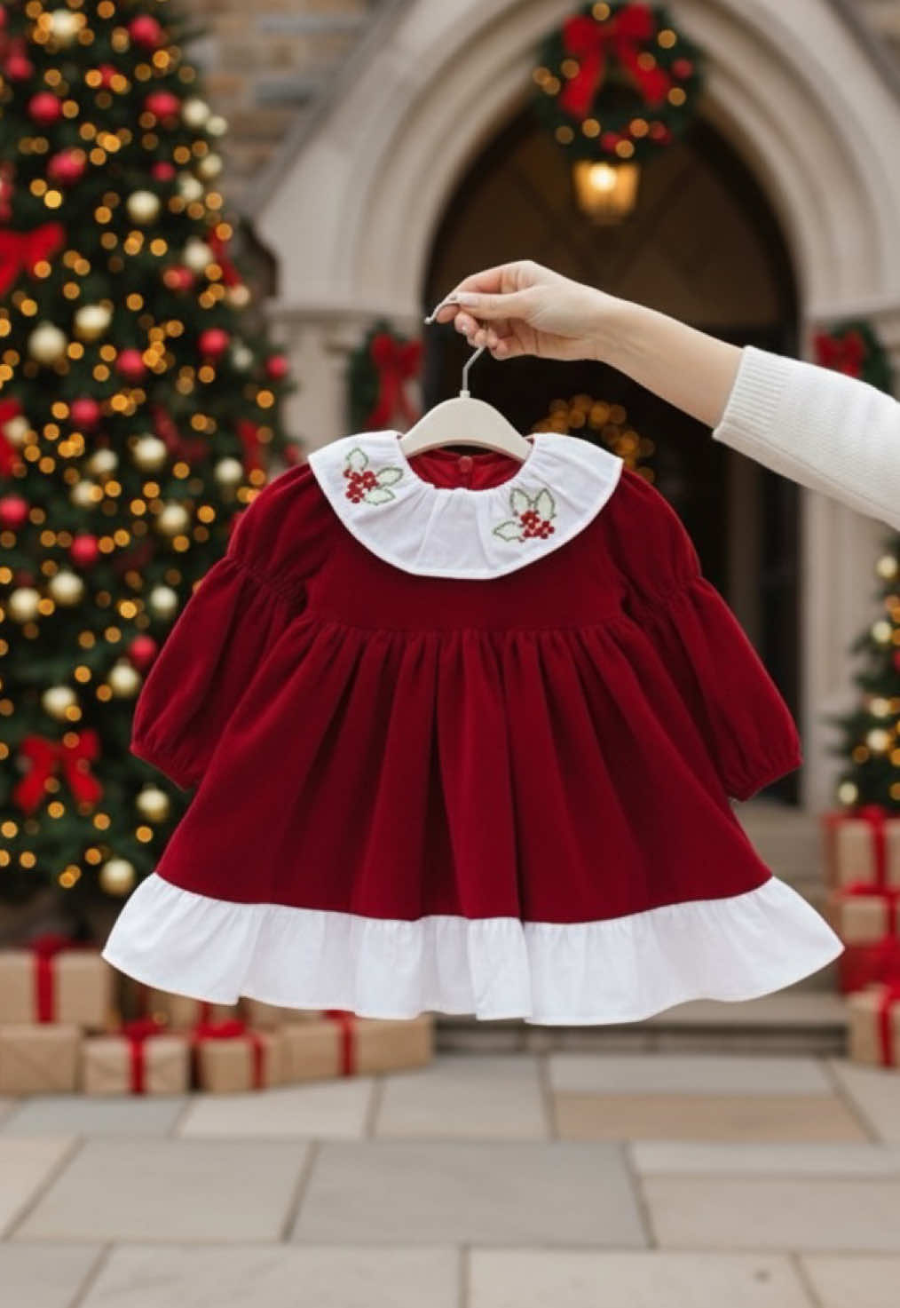 Váy NHUNG ĐỎ dáng cổ sen phối bèo mềm ấm #tiktok #giangsinh #dochobegai #dochobe #xuhuong 