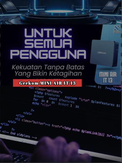 Geekom Mini IT13 Master Of Creativity Mini PC Geekom 13th Gen Intel Core i9-13900HK Size : 11,7cm x 11,2cm x 4,9cm Weight : 652g Material : Polycarbonate dan Frame Metal Spesifikasi : Connection : Bluetooth v5.2 And Wi-Fi 6E Processor : 13th Gen Intel Core i9-13900HK (14 Cores, 20 Threads, 24MB Cache, up to 5.40 GHz) TDP :45-65watt RAM : 32GB (16+16GB) DDR4 Dual Channel Storage : 1TB 1 x M.2 2280 PCIe Gen 4 x4 SSD, support up to 2TB 1 x M.2 2242 SATA SSD slot, expandable up to 1TB 1 x 2.5