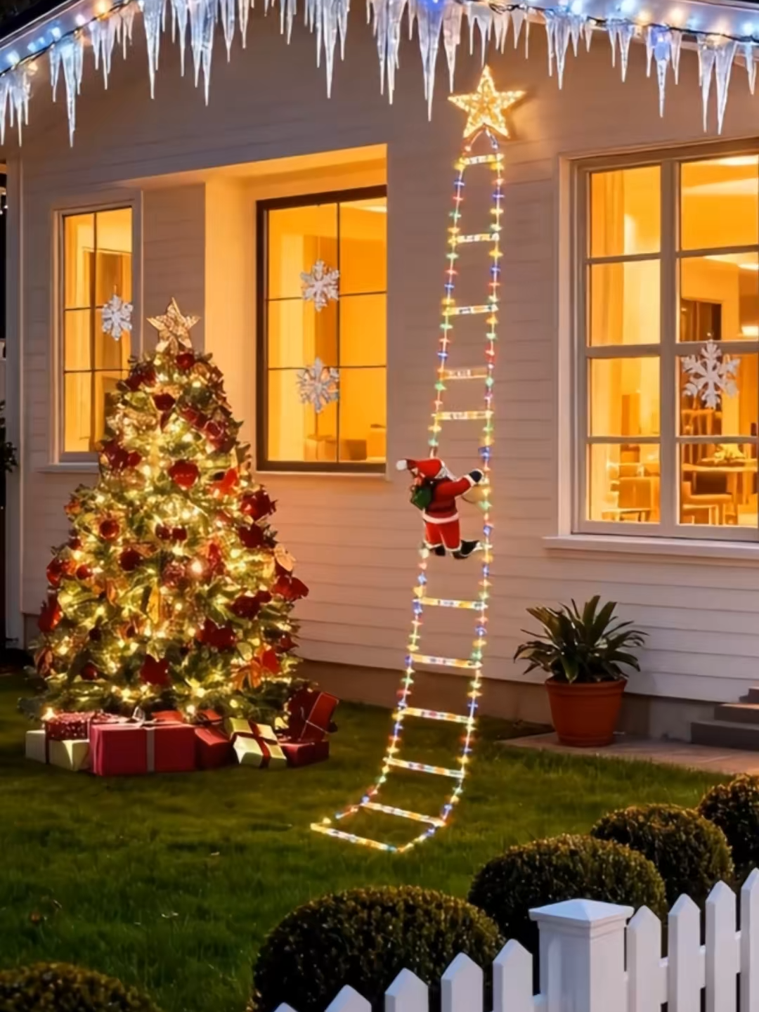 “Decoración navideña con luces LED: Santa en escalera, ¡un toque mágico para tu casa!”