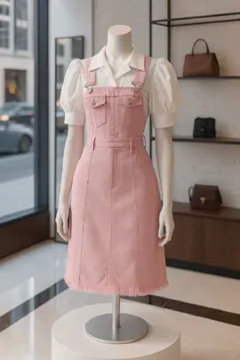 XJ0107 Rok Suspender Denim Merah Muda Pakaian Wanita Musim Panas Pink Simple #bajuwanita  #bajucewek  #fyp 