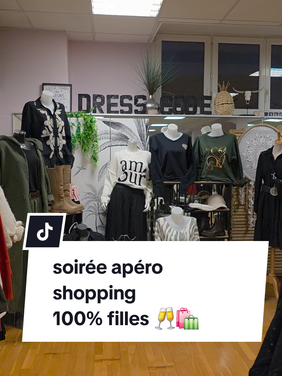 Avis à toutes les shoppeuses professionnelles (ou du dimanche) : Ce samedi 8 novembre à 18h30, c’est apéro-shopping au showroom Dress Code ! Le concept ? Tu bois un verre → tu trouves ça joli. 😊 Tu bois un deuxième → tu trouves TOUT joli. 😅 On t’attend au showroom pour tester la théorie 😏🍷✨ Événement 100% filles, désolée les gars ! #ApéroShopping  #GirlOnlyNight  #ShoppingEntreFilles  #ShowroomParty  #ShopAndSip 