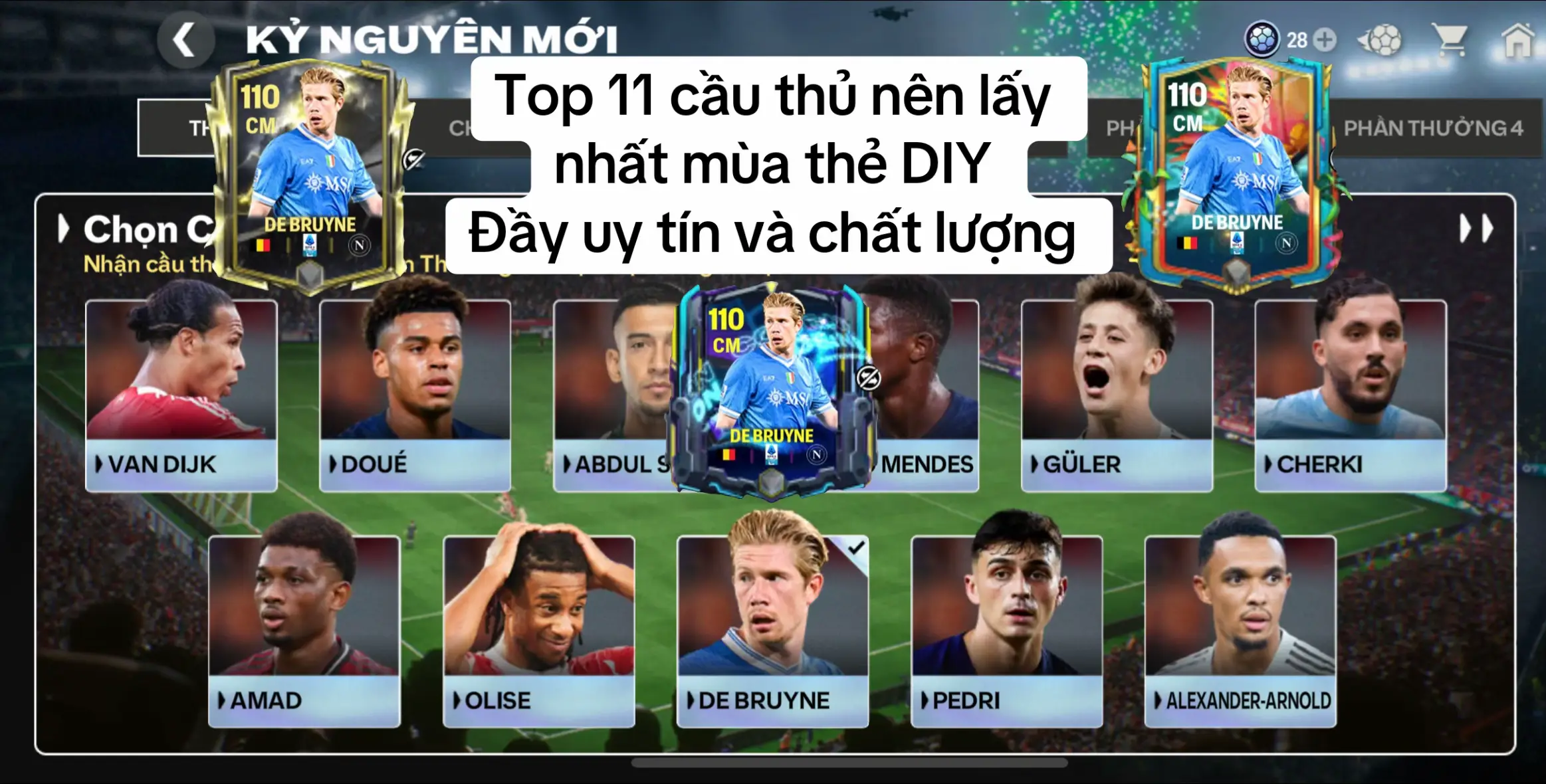 Đây là top 11 cầu thủ mùa the DIY cầu thủ ngôi sao. Được nhận miễn phí 1 cầu thủ mà bạn tự chọn có thể chọn 1 trong 3 mùa thẻ mà mà thích. Đây là sự đánh giá dựa trên độ uy tín và chỉ số của cầu thủ. Lưu ý anh em cần hoàn thành nhiệm vụ của 4 tuần thì mới nhận được nhé. Các pro player sẽ lấy ai nao khoe vào bình luận nhé #KyNguyenSangTaoFCM  #NhaSangTaoFCM #xuhuong