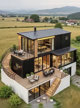 Phần 50: Nhà container biệt thự 3 tầng: Sống như nghỉ dưỡng! ✨🏞️ Đỉnh cao của kiến trúc container! Căn nhà lắp ghép 3 tầng hiện đại, kết hợp hoàn hảo giữa màu đen, trắng và gỗ. Ban công xoắn ốc cực kỳ nghệ thuật! View cánh đồng tuyệt đẹp. Ai bảo nhà container là tạm bợ? Quá đẳng cấp! 🤯 #NhàĐẹpContainer #NhàLắpGhép #BiệtThựContainer #ThiếtKếHiệnĐại #HouseDesign