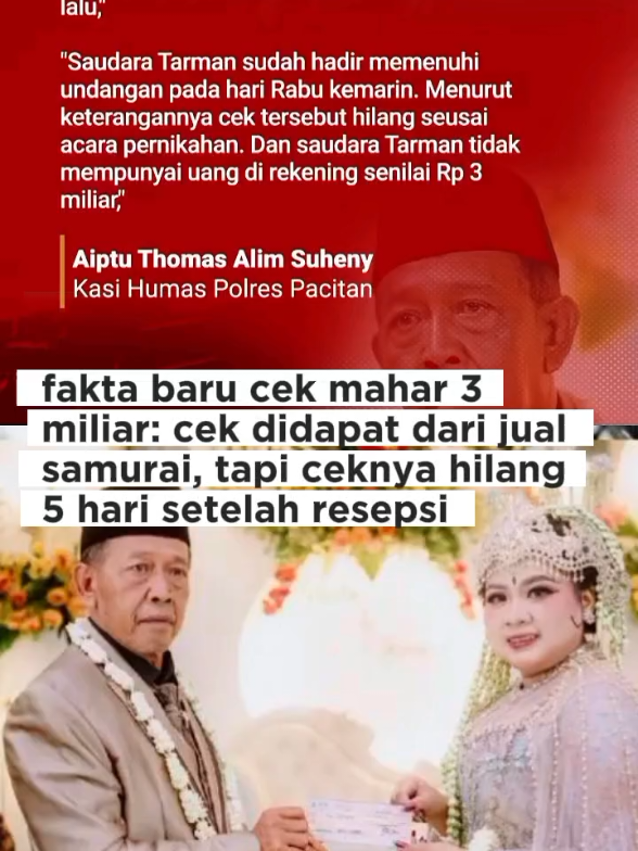 fakta baru: cek mahar Rp 3 miliar adalah cek kosong  dari pengakuan Tarman bahwa dia tidak punya duit segitu #viralvideo #beritaviral #mahar #fyp #fyppppppppppppppppppppppp 