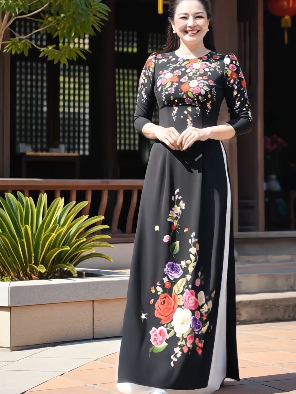 Áo dài họa tiết hoa in 6D màu đen chất liệu vải lụa nhật sang trọng #aodaitruyenthong #aodaitet #aodaicachtan #aodaitrungnien #xuhuong 