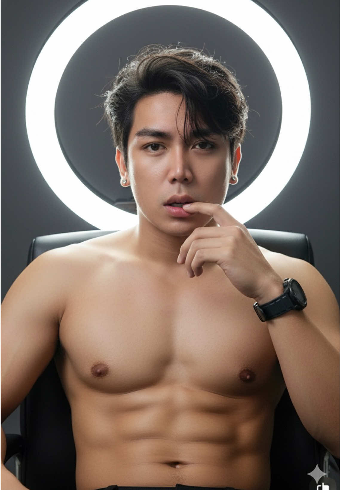 PART 136: Young Man woth Ring Light Studio Portrait Here is the step-by-step guide on how to use Gemini for image editing.  Step 1: Open browser and access Gemini Step 2: Upload your image Step 3: Copy and Paste Prompt (Feel free to edit the prompt.) @𝐹𝑙𝑜𝑟𝑒𝑛𝑠𝑖𝑢𝑠  A close-up portrait of a young man based on the reference photo, with the exact same face, hair, eyes, facial structure, eyebrows, nose, and lips 100% unchanged, with thick, messy black hair with some strands sticking to his forehead, sitting in soft studio lighting with a large ring light behind his head, creating a dramatic circular light effect. He is wearing a plain black shirt with a slightly open collar, an elegant black digital watch on his wrist, and diamond earrings. His left hand gently supports his chin, his fingers touching his cheek, creating a calm, reflective, and slightly curious expression. His eyes are directed towards the camera (directly at the camera), with his lips slightly parted. His facial skin looks smooth and radiant, with the soft, neutral white lighting tone highlighting his facial features naturally without harsh shadows. A dark gray or bluish-black studio backdrop, with a soft bokeh effect from the ring light behind the head, creates a professional and aesthetically pleasing beauty lighting. Photo Type: Close-up portrait Lens: 85mm f/1.4 (optional: 50mm f/1.8 for a similar effect) Aperture: f/1.8 – for shallow depth of field and soft bokeh Camera Distance: ± 60 cm from the subject's face Camera Angle: Eye-level shot (at the subject's eye level) Lighting: Main light: Large ring light behind the subject's head (backlight halo effect) Soft fill light: From the front right of the face, neutral white Additional ambient light: Very soft from the front left to fill the side of the face. White Balance: 5200K (daylight tone) Pose: Right elbow resting on a table or surface, head slightly tilted to the side. Right hand supporting chin Eyes looking at camera Lips slightly parted Expression: Calm, relaxed, and slightly contemplative Mood: Soft, elegant, and natural. Step 4:Click the Save Botton.  #ai #gemini #fyp #justforfun #markymoto 