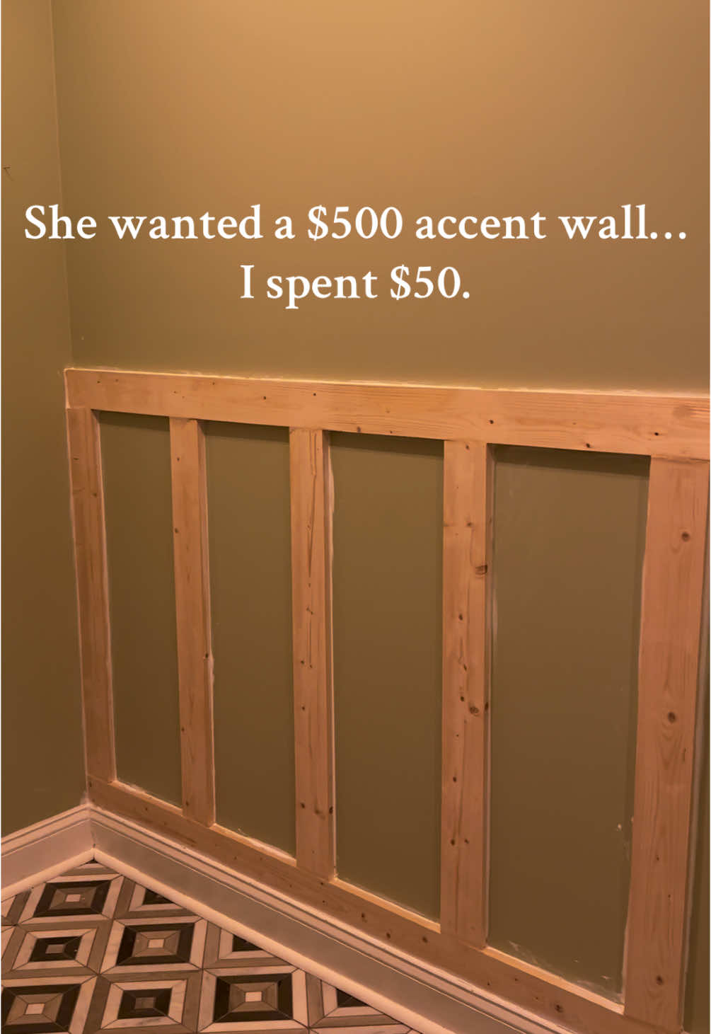 Only took me 2 hours from start to finish. Shoutout @JLMwoodworks for the design #fyp #foryourpage #DIY #diyproject #diyprojects #diyhome #custombuild #reno #renovation #wife #wifey #wifelife #wifeandhusband #husband #husbandandwife #homeproject #homeprojects #homeprojectdiy #entryway #wainscoting #wainscotingdesign 