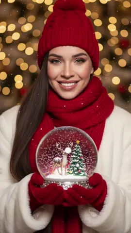 Christmas photoshoot sessão de fotos de Natal   Crie um retrato em primeiro plano de uma mulher deslumbrante de com um sorriso da foto, maquiagem impecável, lábios vermelhos, chapéu de lã vermelha, cachecol de jogo, luvas vermelhas e um casaco de pele branca. Ele sustenta uma bela e grande bola de neve de cristal que contém uma cena de inverno: uma casa e árvore de Natal decorada com neve no chão. O fundo é um efeito borrado mágico de luzes navideñas douradas e árvores nevadas com copos de neve caindo. A imagem tem uma paleta de cores festivas em vermelho, branco e dourado. A iluminação é suave e ambiental, realçando o ambiente natalino. Guarde os traços da pessoa na fotografia enviada. Exatamente igual a foto   #photography #gemini #prompt #photoshoot #geminiai  @Mell Gemini AI - Andressa  @Mell Gemini AI - Andressa  @Mell Gemini AI - Andressa 