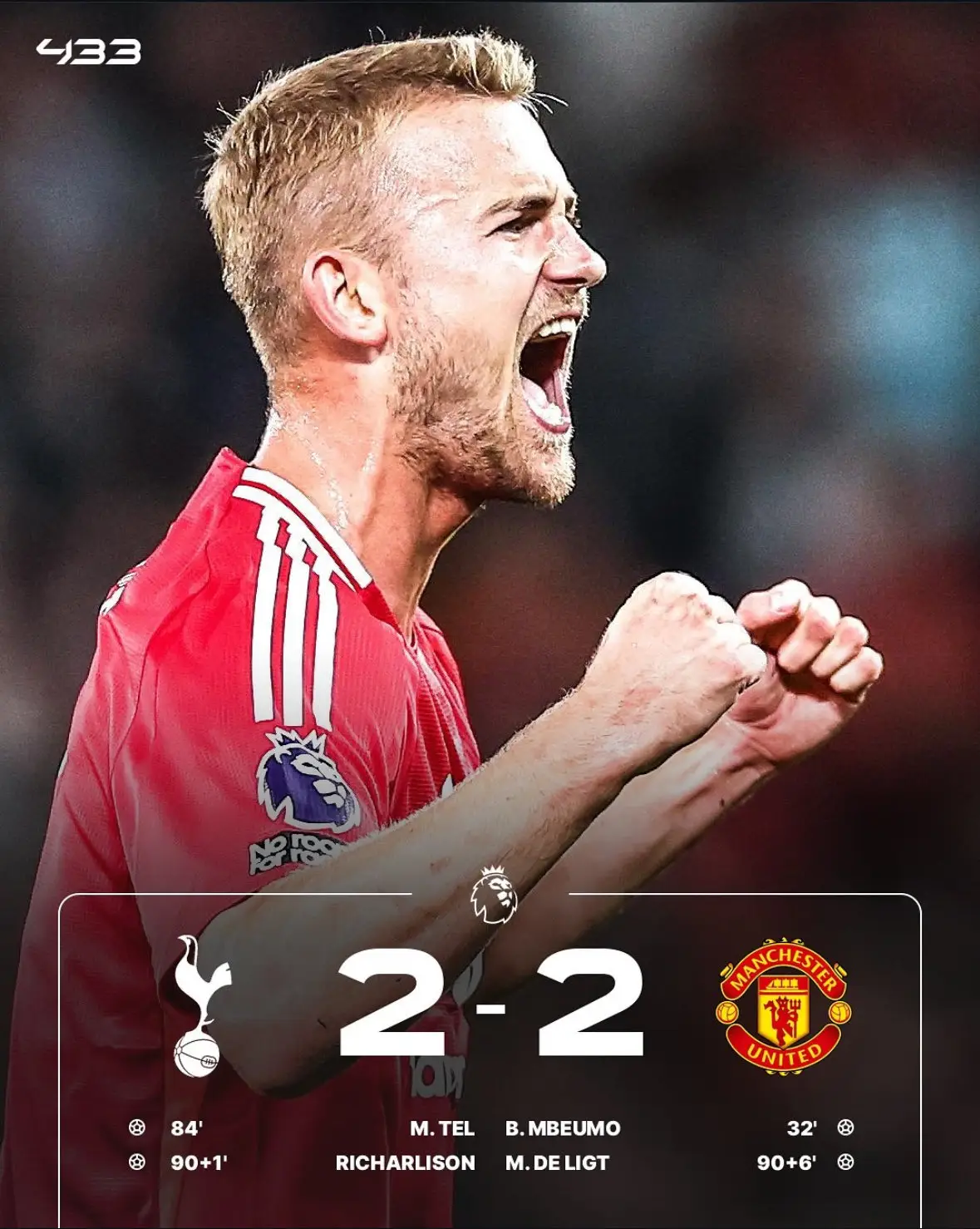 Mu berhasil menahan imbang di kandang tottenham berkat goal dramatis martis de light di menit akhir.  untuk info seputar bola lainnya langsung follow aja. #fyp #manchesterunited #football #tottenham #PremierLeague 