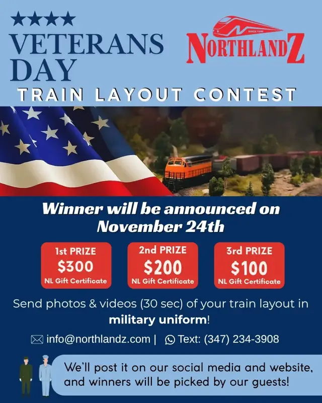 To honor our Active & Former Military Personnel, we’re hosting a special Train Layout Contest! 🏆 Prizes: $300 NL Gift Certificate $200 NL Gift Certificate $100 NL Gift Certificate 📸 Send a photo or 30-sec video of your train layout in military uniform to info@northlandz.com or text (347) 234-3908 We’ll feature your entries on our social media and website — and our guests will vote for the winners! ❤️ 📅 Winner announced: November 24th! #Northlandz #VeteransDay #MilitaryContest #TrainLayout #ModelTrains 