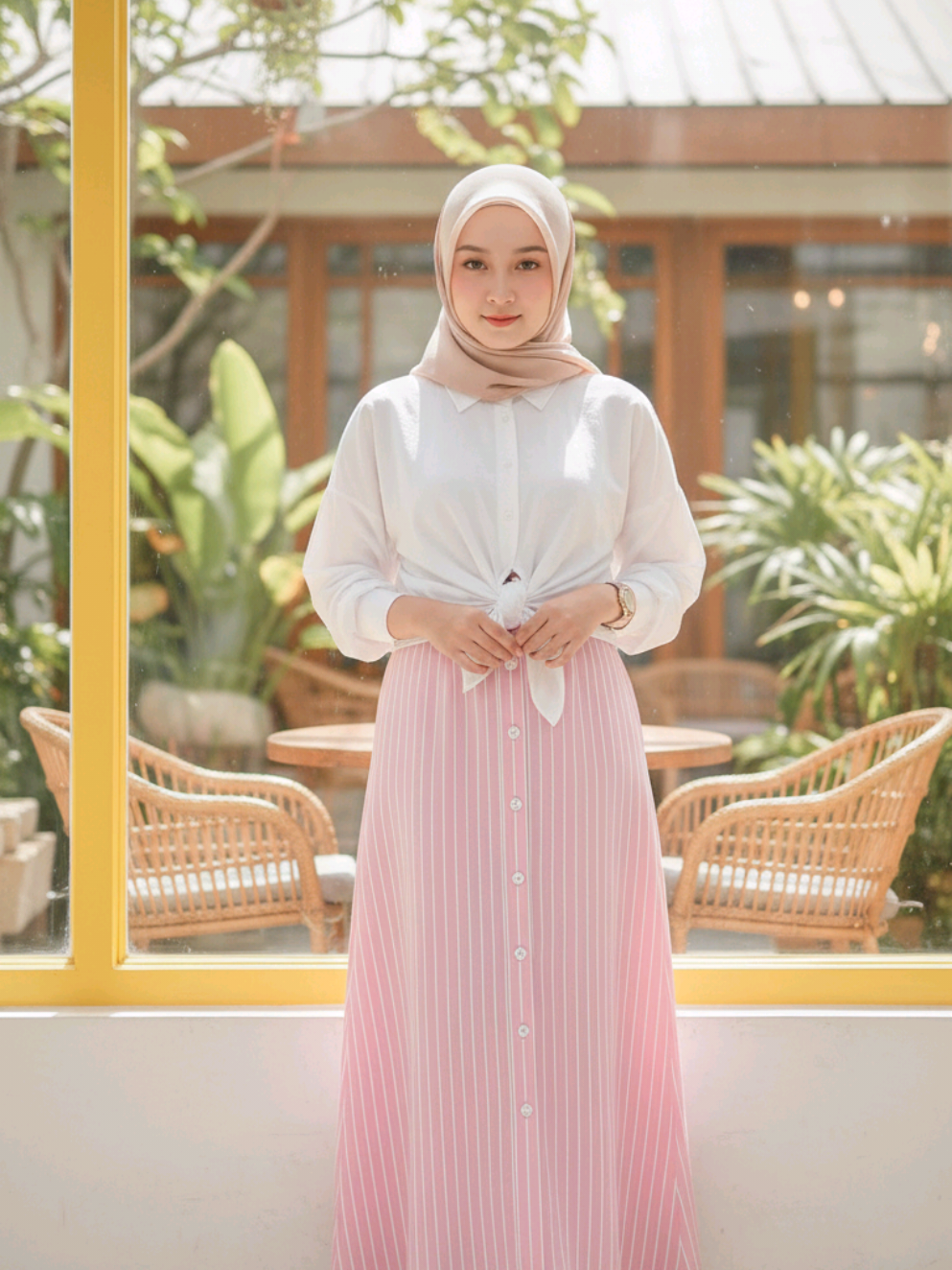 Prompt Ai wanita berdiri santai di depan jendela besar berbingkai kuning Buatkan gambar hyper-realistic, wajahnya sama persis dengan foto referensi (100% tanpa perubahan pada wajah, mata, struktur wajah, alis, hidung, bibir dan juga jangan merubah bentuk badan) Foto potret gaya modest fashion yang cerah dan kasual, menampilkan seorang wanita berhijab berdiri santai di depan jendela besar berbingkai kuning dengan latar belakang kafe tropis penuh cahaya alami. Ia mengenakan hijab berwarna pastel muda, kemeja putih longgar yang diikat di bagian depan, dan rok panjang bergaris vertikal merah muda dengan deretan kancing di tengah. Gaya dipadukan dengan sepatu oxford putih yang bersih. Suasana foto hangat dan ceria dengan pencahayaan alami lembut, menonjolkan kesan segar, modern, dan sopan. Gaya foto: fashion editorial, soft lighting, warm tone, high clarity, lifestyle aesthetic, outdoor café setting. #fypage #fypシ゚ #fyppppppppppppppppppppppp #fyp #hijab 