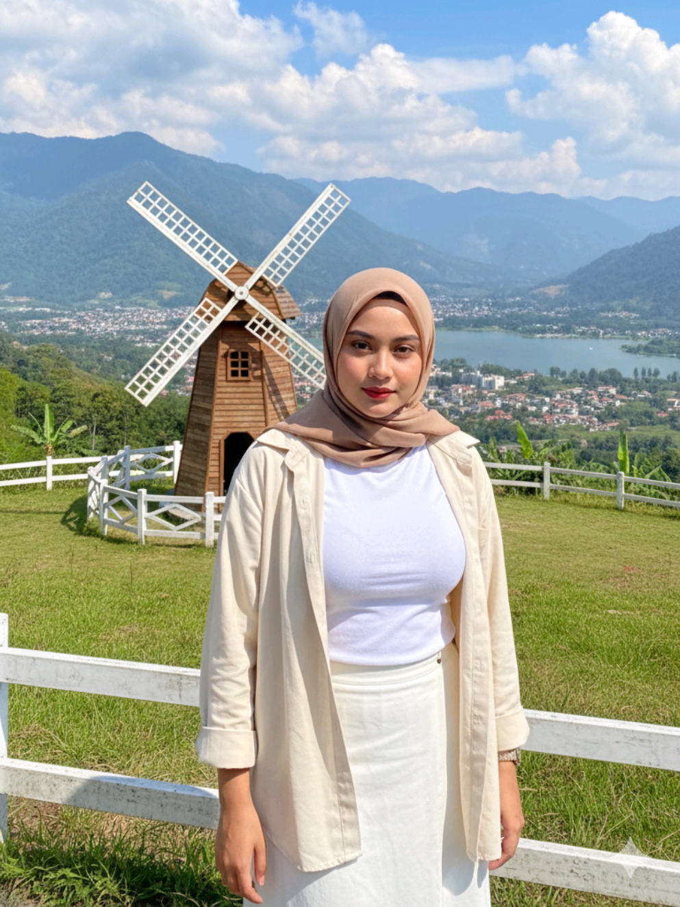 Prompt Ai wanita berdiri di samping kincir angin kayu besar Buatkan gambar hyper-realistic, wajahnya sama persis dengan foto referensi (100% tanpa perubahan pada wajah, mata, struktur wajah, alis, hidung, bibir dan juga jangan merubah bentuk badan) Seorang perempuan berhijab cokelat muda, jaket krem, kaos putih ketat, dan rok putih berdiri di samping kincir angin kayu besar berhias dengan bilah-bilah putih dan pagar kayu putih di sekelilingnya. Latar ceritanya berada di lereng bukit hijau yang menghadap danau dan kota yang indah di bawahnya, dikelilingi pegunungan di bawah langit biru cerah dengan awan-awan yang bertebaran. Suasananya cerah dan damai, dengan cahaya alami yang menerangi lanskap. Gaya foto: potret tubuh setengah (half body). #fypage #fypシ゚ #fyppppppppppppppppppppppp #fyp #hijab 