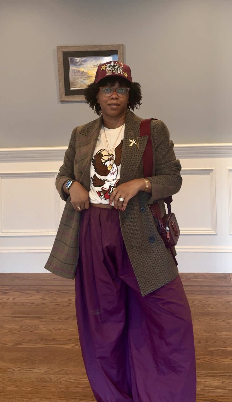 ✨Rate this look 1️⃣-5️⃣! I wore these cute balloon pants from @asos, paired with a BC tee, a custom made gameday hat, a blazer and these comfortable @adidas sambas for a basketball game. #gamedayoutfit #gamedaystyle #ootdblogger #coacheswife #fitcheck✔️                           