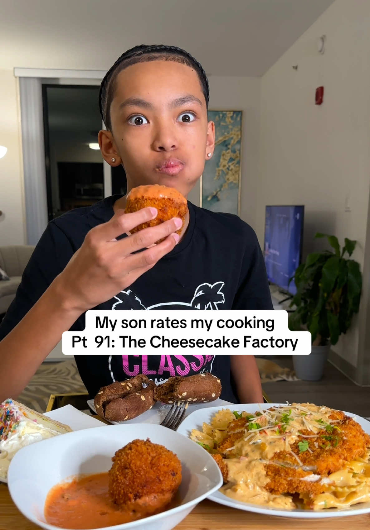 My son rates my cooking Part 91: The Cheesecake Factory Louisiana chicken pasta, fried macaroni & cheese, celebration cake and bread #foodrating #foodreview #sonratesmycooking #cheesecakefactory #pasta 