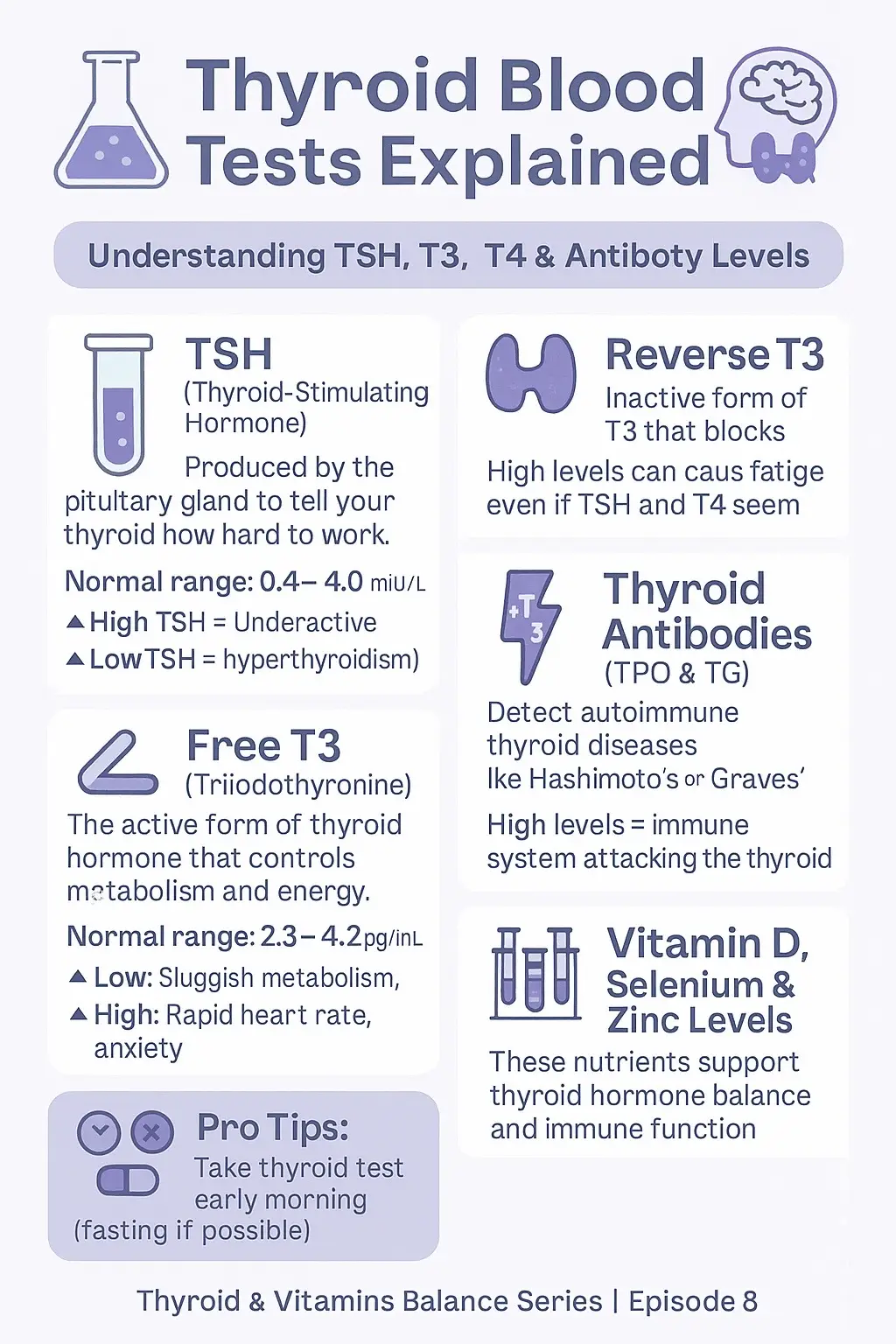 Your thyroid health depends on the balance between several key hormones and antibodies. 🧬 Blood tests can reveal whether your thyroid is underactive, overactive, or affected by an autoimmune condition. Here’s a breakdown of what each thyroid test means and how to understand your results. ⸻ 📊 1️⃣ TSH (Thyroid-Stimulating Hormone) 	•	Produced by the pituitary gland to tell your thyroid how hard to work. ✅ Normal Range: 0.4 – 4.0 mIU/L 📈 High TSH = Underactive thyroid (hypothyroidism). 📉 Low TSH = Overactive thyroid (hyperthyroidism). ⸻ 🔬 2️⃣ Free T4 (Thyroxine) 	•	The main hormone produced by the thyroid. ✅ Normal Range: 0.8 – 1.8 ng/dL 📉 Low = Hypothyroidism, 📈 High = Hyperthyroidism. ⸻ ⚡ 3️⃣ Free T3 (Triiodothyronine) 	•	The active form of thyroid hormone that controls metabolism and energy. ✅ Normal Range: 2.3 – 4.2 pg/mL 📉 Low = Sluggish metabolism, fatigue. 📈 High = Rapid heart rate, anxiety. ⸻ 🧠 4️⃣ Reverse T3 	•	Inactive form of T3 that blocks active thyroid hormones. 📈 High levels can cause fatigue even if TSH and T4 seem normal. ⸻ 🧫 5️⃣ Thyroid Antibodies (TPO & TG) 	•	Detect autoimmune thyroid diseases like Hashimoto’s or Graves’. 📈 High levels = immune system attacking the thyroid. ⸻ 💪 6️⃣ Vitamin D, Selenium & Zinc Levels 	•	These nutrients support thyroid hormone balance and immune function. ✅ Always check them alongside thyroid tests. ⸻ 💡 Pro Tips: ✅ Do your blood test early morning (fasting if possible). ✅ Avoid taking thyroid meds before testing. ✅ Track your levels over time — not just once. #ThyroidHealth #HormoneBalance #WellnessJourney #ThyroidSupport #tsh 