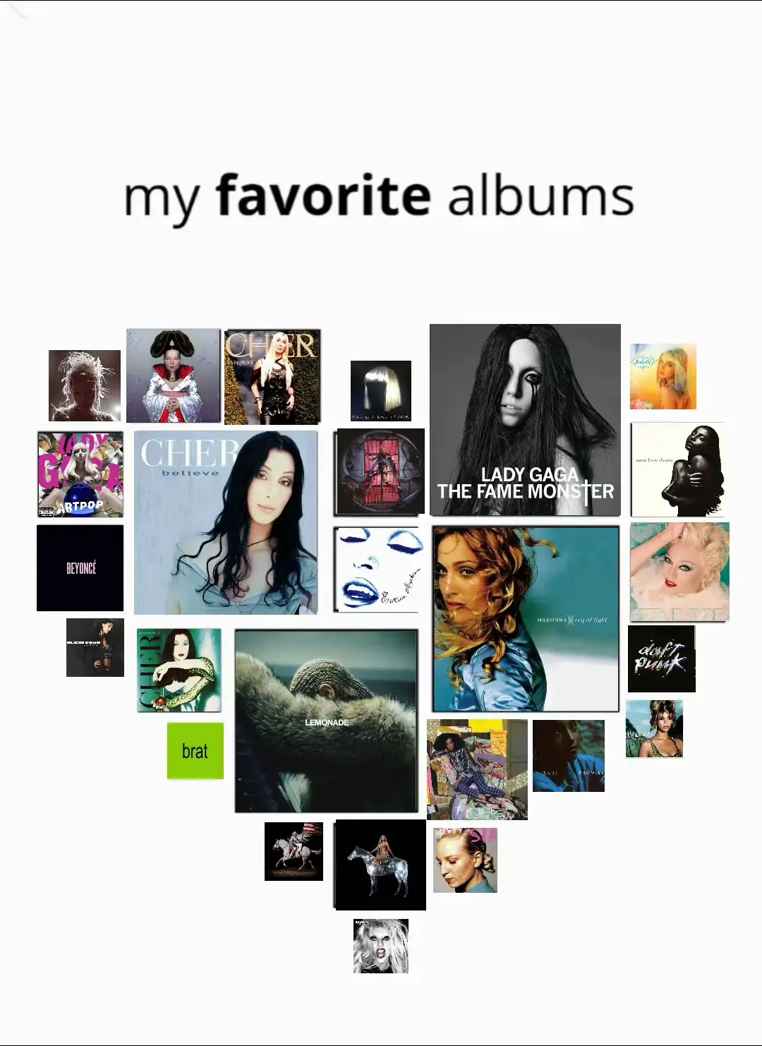 Klişe queer music taste'im. Big 4 um tartismasız belli zaten. aralara diğer sevdiklerimden de koydum ve yeni çikan favorilerimden de aralara serpistirdim tabii müzik zevkim bu kolajdaki albümlerle sinirli degil. Bence bir insanın bir albüme seviyorum diyebilmesi için o albümdeki tüm şarkıları baştan sona dinlemiş ve en az 4-5 tanesini sevmiş olması gerekiyor. O albümdeki 1 tane şarkiyi çok seviyor olmanız o albümü sevdiğiniz anlamına gelmiyor o yüzden bence müzik albümünün bir bütünlüğünün olması çok önemli. (Bu arada bu albümlerin çoğunu diğer 1 milyon gönderide daha gördüm, hiçbirimizin o kadar 