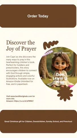 Join Capri as she discovers the many ways to pray in this heartwarming children’s book. Perfect for toddlers and preschoolers, this story encourages children to connect with God through simple, engaging actions and colorful illustrations. Available now on Amazon Kindle Unlimited for free, and in paperback.Visit www.bestilloriginals.com or click to buy on  Amazon: https://a.co/d/aYNfIkV Are you looking for the perfect gift for a child. Look no more.... this is it. #christianchildrensbook #christianchildren #booksforkids #godspromises 