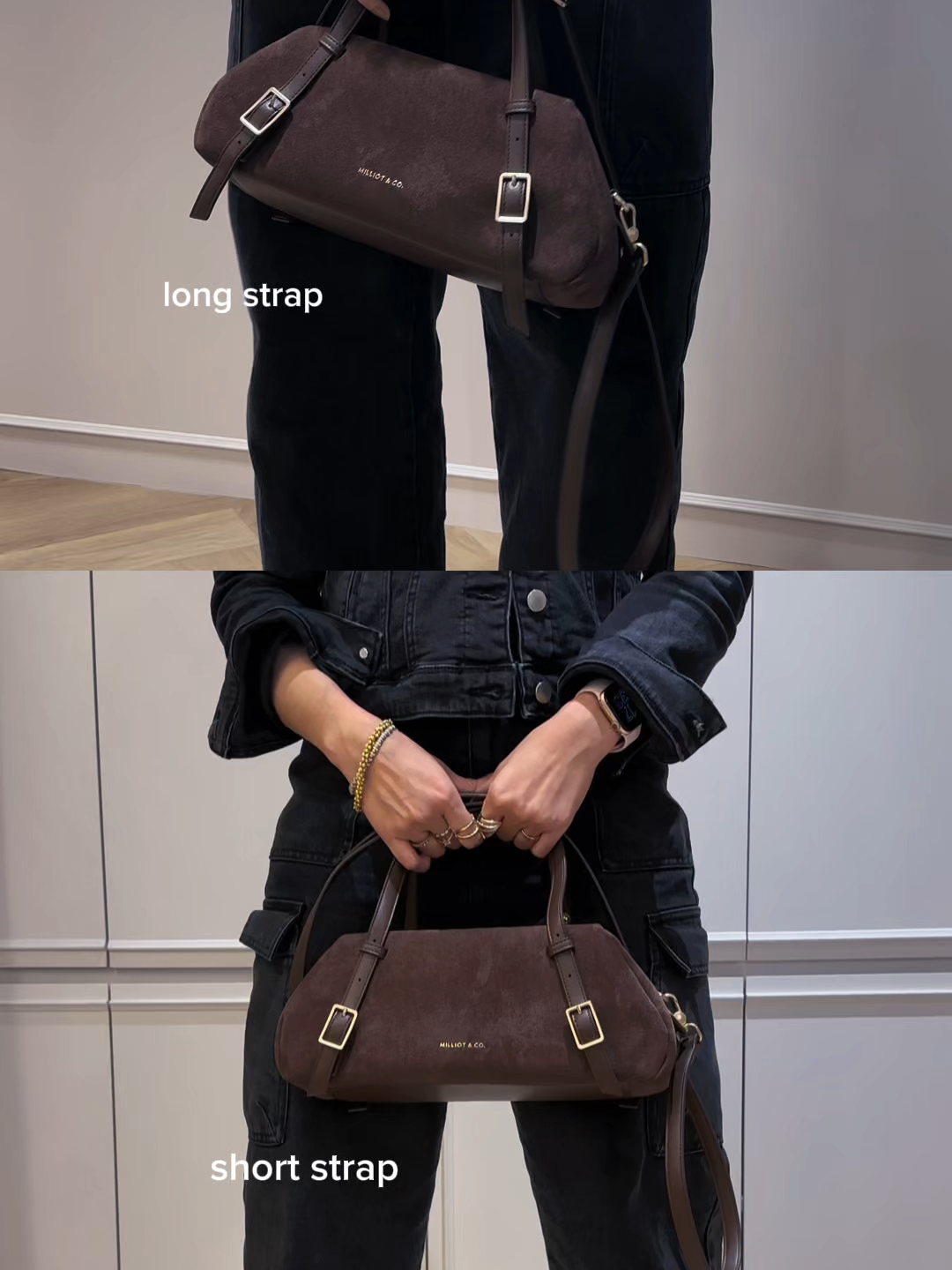 Wear the Addison bag your way — with a long strap for a casual look or a short strap for a chic style. Versatile and effortlessly stylish. #milliotandco #capsulecollective #handbag #tiktokshop1111megasale