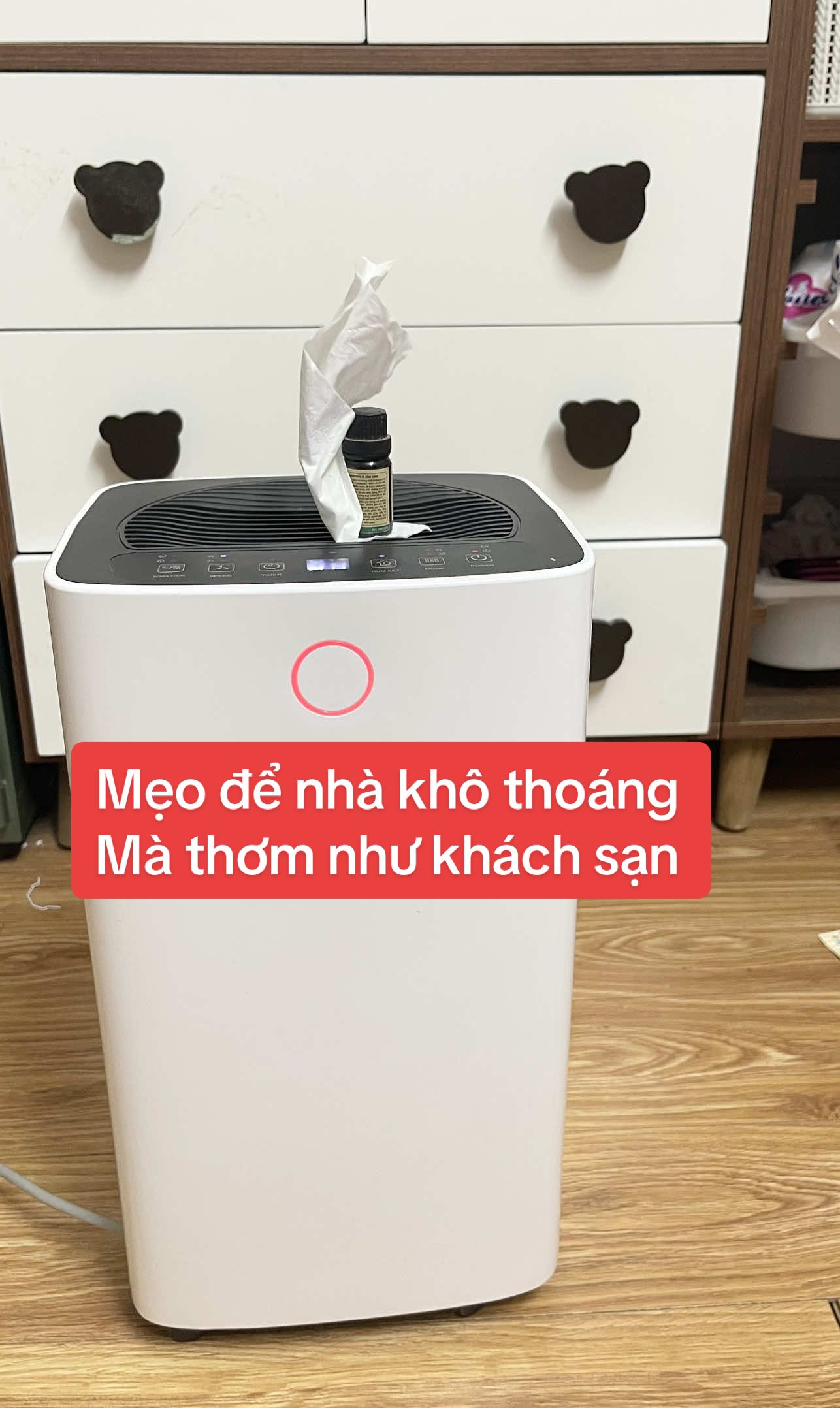 Thế này thì chân ái cũng phải gọi bằng điện thoại.  Bật máy hút ẩm + tờ giấy ăn thấm vài giọt tinh dầu tuỳ mùi mn thích . Xong đặt bên trên cửa gió của máy hút ẩm. Đảm bảo “Nồm” chỉ còn là cái tên😆 30p thôi là phòng kho thoáng thơm mùi tinh dầu thoang thoảng. Như trong khách sạn 5 sao luôn #meovat #meohay 