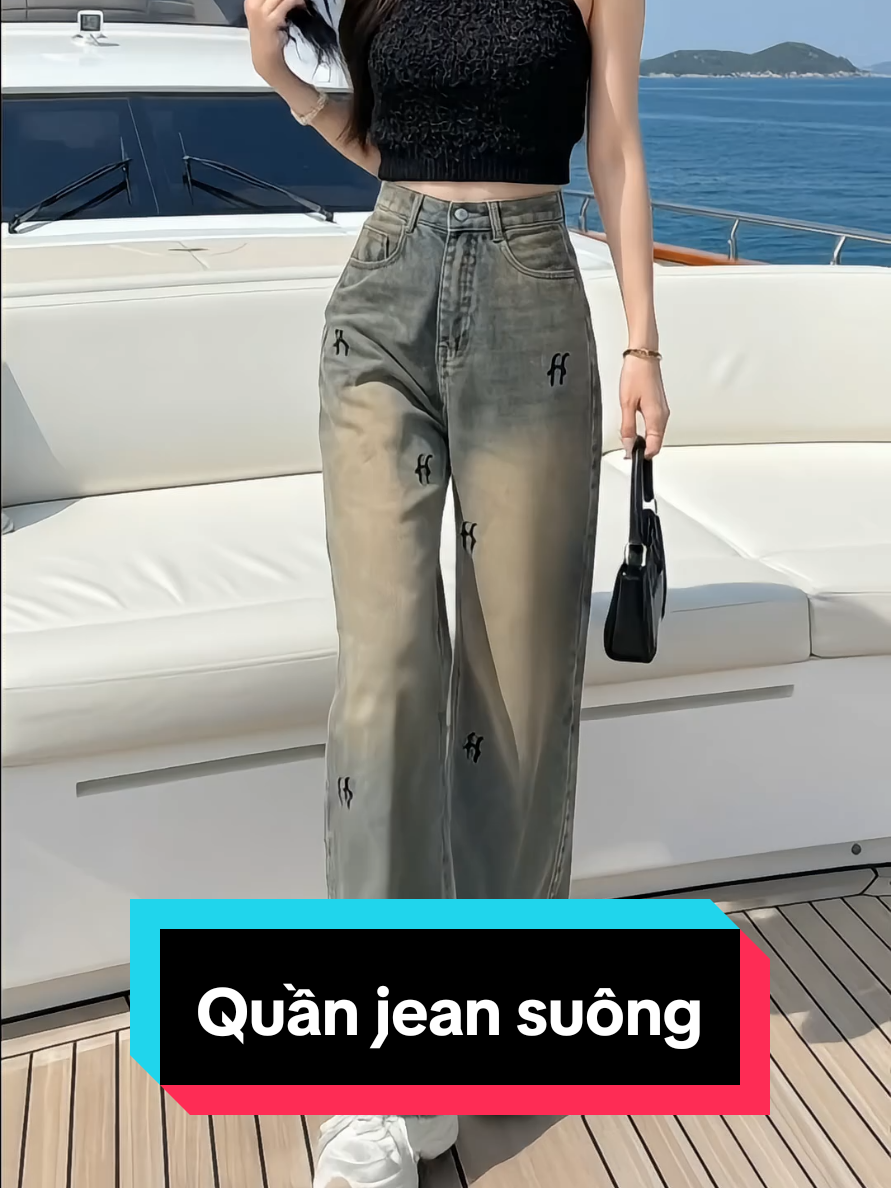Quần jean suông ống rộng cạp cao thêu logo #jeanongrong #jeansuong #quanjeansuong @Thủy Shop 