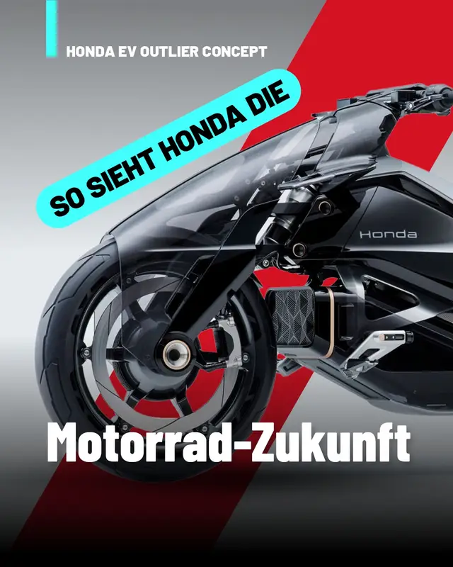 Dieses Motorrad ist das Highlight der Japan Mobility Show 2025 in Tokio: das Honda EV Outlier Concept. Dass dieses futuristische Zweirad-Fahrzeug einen elektrischen Antrieb hat, erscheint dabei so obligatorisch wie nebensächlich. Überraschungen stecken in den Details. Nomen est omen: Der englische Begriff Outlier bedeutet Ausreißer. Mit dem Allradantrieb hat das Honda EV Outlier Concept potenziell Vorteile bei der Traktion, insbesondere auf feuchter, schlüpfriger Fahrbahn. Grundsätzlicher Nachteil des Radnabenmotors ist jedoch seine ungefederte Masse am Rad, zu Ungunsten der Fahrwerksabstimmung, insbesondere des Ansprechverhaltens. Leistungsdaten nannte Honda nicht, doch im Video (Link in Bio) ist das EV Outlier Concept ziemlich flott und mindestens 