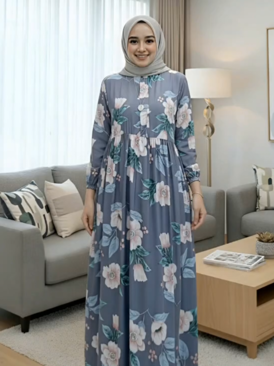 Midi Dress Flower Busui Frendly Santai A-Line Bunga Cantik Motif Nyaman Rayon Viscose Menyusui Muslim Zipper #dresscantik #gamiscantik #ootdhijab #gamiskekinian #fashionmuslimah 