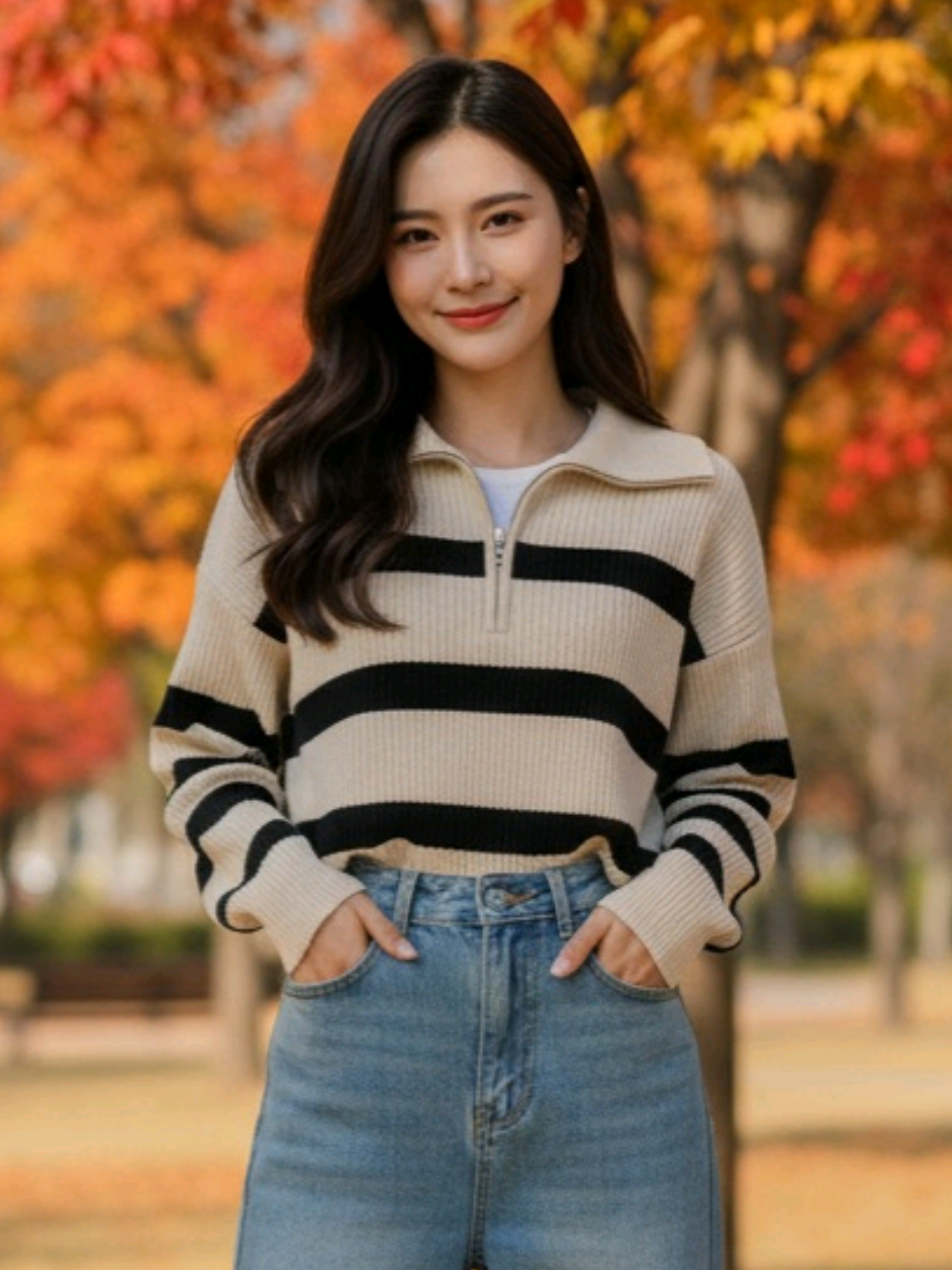 Áo len sọc 2 màu siêu xinh cho mùa se lạnh🍂 Vừa ấm vừa trendy – phối jean là chuẩn gu luôn đó nha 💕 #xuhuongthoitrang #thoitrangnuhottrend #aolen #aolennu #xuhuong 