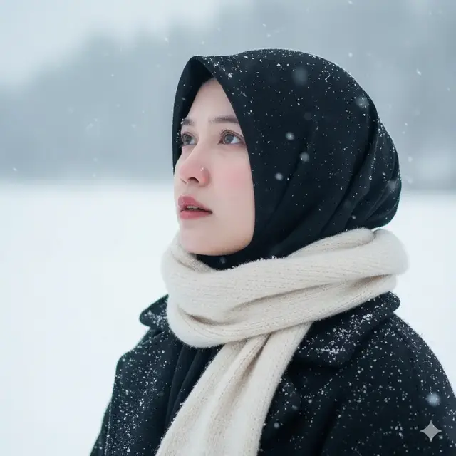 Potret vertikal rasio 9:16 dengan kualitas tinggi (HD sinematik) menampilkan seorang wanita berhijab bergaya Korea berdiri di luar ruangan saat salju turun lembut di musim dingin. Suasananya tenang, emosional, dan sedikit dramatis seperti adegan dari film romantis Korea. Wanita tersebut memiliki ciri wajah sama persis seperti foto referensi (pertahankan 100% bentuk wajah, mata, hidung, bibir, dan ekspresi). la berusia sekitar awal dua puluhan, berkulit cerah putih tanpa cela dengan rona alami kemerahan di hidung dan pipi akibat udara dingin. Matanya terlihat sedikit berair dengan kilau air mata halus yang memantulkan cahaya lembut salju. la mengenakan mantel musim dingin berbahan wol hitam, dipadukan dengan syal rajut cream yang dililit satu kali di leher (tidak menutupi rahang atau garis rambut). Hijabnya berwarna hitam, dikenakan rapi di bawah syal, menutupi leher dan rambut.ia berpose menatap ke atas melihat salju turun sambil terkesima dengan salju pose dari samping Salju halus terlihat menempel di bahunya, di ujung hijab, dan di permukaan syal. Beberapa butiran kecil juga melekat di bulu mata dan pipinya. Cahaya alami musim dingin yang lembut menerangi wajahnya dari arah depan, menonjolkan tekstur kulit nyata, pantulan air mata tipis, dan detail salju halus di udara. Latar belakang menampilkan pemandangan bersalju lembut, dengan nuansa putih, abu-abu kebiruan, dan cahaya diffused HDR yang memberi kesan film Korea romantis, tenang, dan melankolis. Kamera: Canon EOS R5, lensa 85mm f/1.2, depth of field dangkal, bokeh alami, warna kulit dan tekstur salju sangat realistis. Pencahayaan: sinematik lembut, natural daylight diffused. Mood: tenang, emosional, indah, dan penuh perasaan. Negative prompt: kulit bergaya kartun, salju palsu, tekstur plastik, pencahayaan datar, hasil tidak realistis, anatomi terdistorsi.pose jarak dekat fokus ke wajah #prompterchallenge #prompt #trendgeminiai 