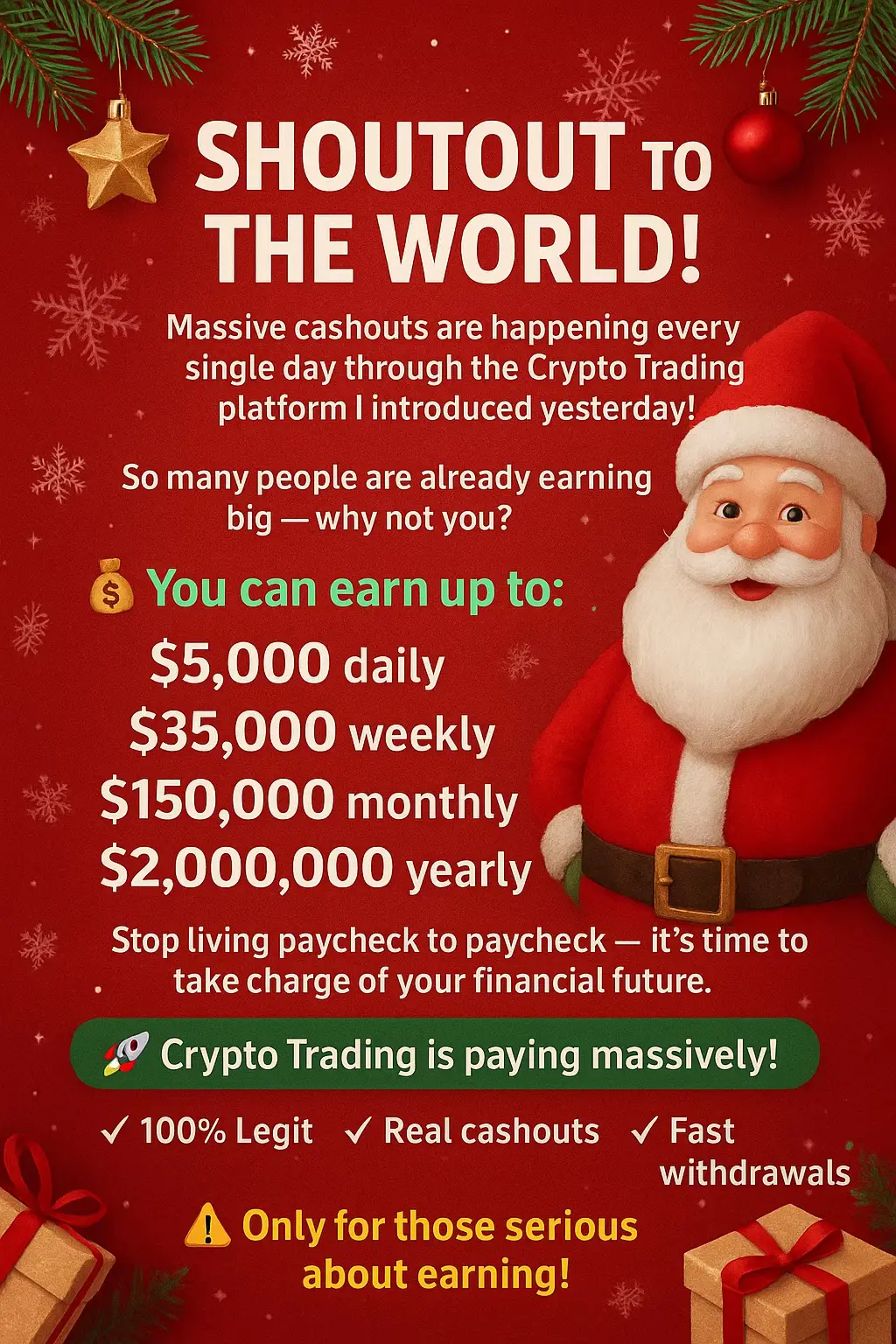 🎄 This Christmas, let your wallet feel the magic too! 🎁 While others are spending, you could be earning big this festive season through our trusted Crypto Trading platform. 💰✨ People around the world are celebrating massive daily cashouts — and it’s all thanks to smart crypto investments that work for them 24/7. 🚀 This is your sign to make the most profitable decision before the year ends! Don’t wait for another New Year’s resolution — start today and step into 2026 with financial confidence and freedom. ✅ 100% Legit ✅ Real Profits ✅ Fast Withdrawals 🎅 Make this Christmas one to remember — join the winning team and trade your way into a wealthier new year! #crypto #trending #trump #investing 