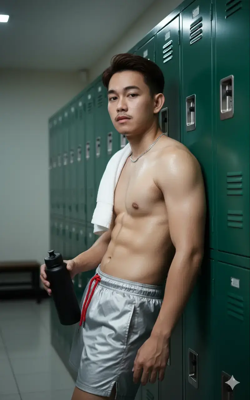 Foto beresolusi tinggi (high-resolution photo) dari seorang pria Asia muda, tampan (referensi wajah terlampir), dengan tubuh kurus dan berotot sedang, sedang berpose duduk menyender, sedikit menyamping, di bangku depan deretan loker logam berwarna hijau tua di sebuah ruang ganti. Pria tersebut mengenakan celana pendek olahraga berwarna silver bertali serut merah dan mengalungkan handuk putih di bahunya, menunjukkan tubuh bagian atasnya yang telanjang dan berkeringat/mengkilap. Ia memegang dari botol minum hitam di tangan kirinya. Pencahayaan diatur untuk menonjolkan tekstur otot dan kulitnya, dengan vibe yang sporty, seksi, dan berkarisma.