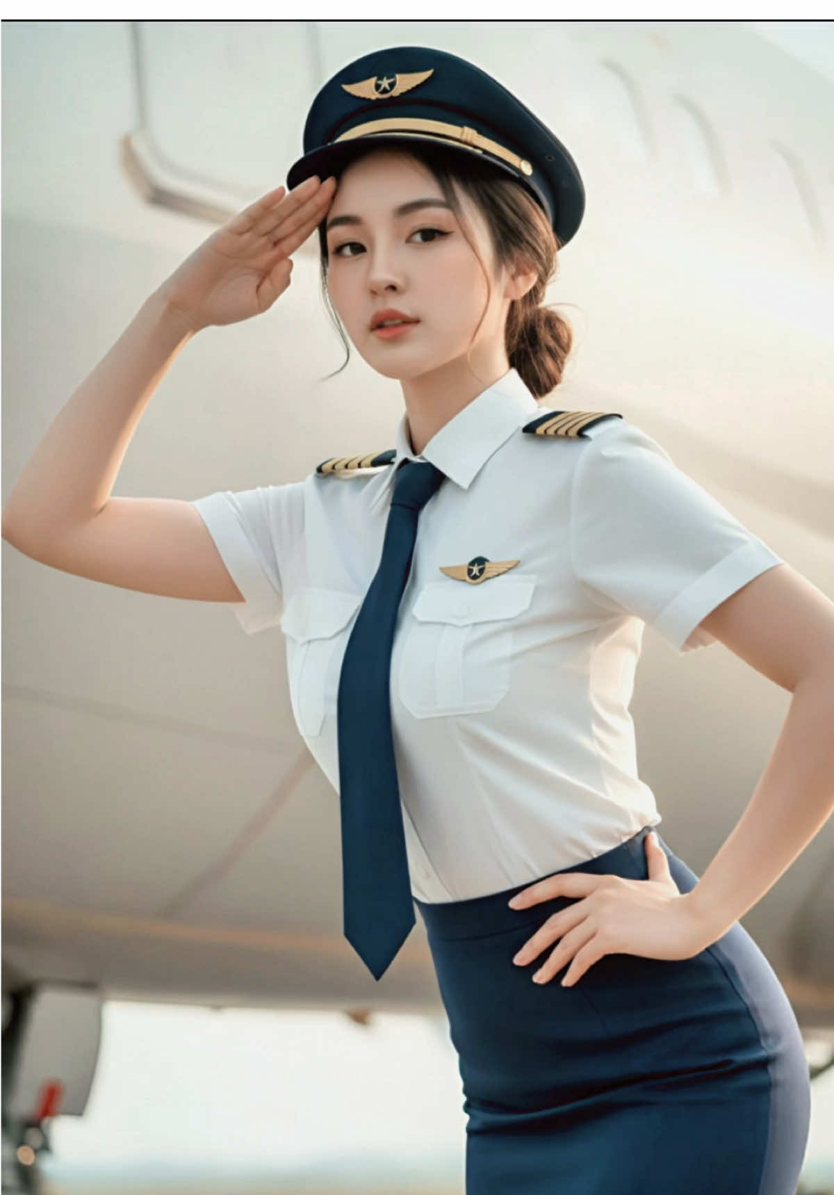 Prompt :  Ultra-realistic cinematic portrait of a beautiful female airline pilot sitting confidently inside the cockpit of a commercial airplane. She wears a crisp white short-sleeved pilot shirt with gold epaulettes, a navy tie, a navy pilot hat and a dark fitted pencil mini skirt. Her posture is elegant yet relaxed, slightly leaning toward the camera while seated on the pilot’s chair. Her expression is calm and composed, with soft, natural eye contact and slightly parted glossy lips. Her smooth fair skin has a subtle natural sheen, reflecting ambient cockpit light. Hair styled in a slightly tousled, low bun with loose strands framing her face adds realism and softness. The cockpit background is detailed with authentic instrument panels and flight controls, softly blurred to emphasize depth of field. Lighting: soft daylight filtering through cockpit windows, balanced with subtle reflections from control panels. Slight rim light highlights the contour of her face and uniform for cinematic depth. Camera setup: slightly low frontal angle, 85mm lens, f/2.8, focus on eyes and upper body, shallow depth of field. Mood: elegant, confident, professional, cinematic realism. Style: ultra-detailed, photo-realistic, editorial-grade lighting. #CapCut #AI #FYP #LioraKim #Aviation 