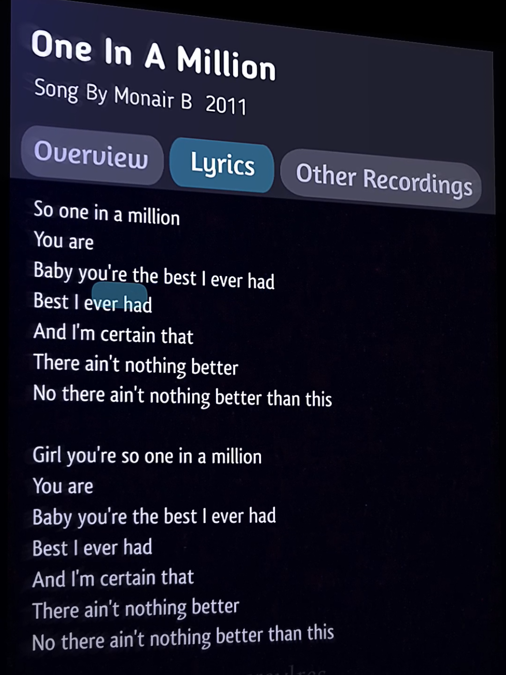 One In A Million🎧 #lyrics #music #foryou #fyp #fypage 