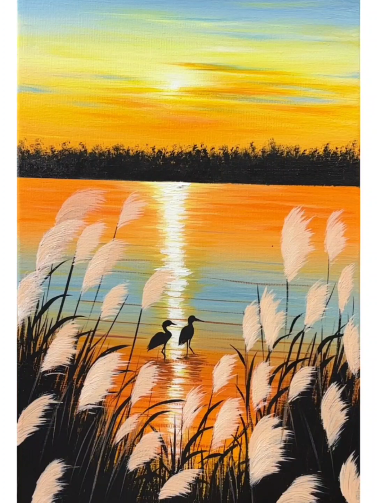 Vẽ tranh hai chú cò kiếm ăn buổi hoàng hôn ... #painting #draw #acrylic #vẽ #xuhuong 