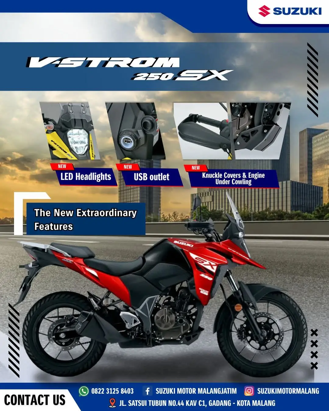 Tampil gagah & tangguh, siap ajak kamu jelajah semua medan! 💪 250cc bertenaga, desain adventure modern, suspensi super nyaman 🚀 Rasakan sensasi “Discover, Explore, Enjoy the Ride!” 🚀 💥 Harga Spesial | Tukar Tambah Semua Merk | Melayani Se-Jawa Timur 📍 Dealer Resmi Suzuki Motor Malang Jl. Satsui Tubun No.44, Kebonsari, Kota Malang 📞 wa.me/6282231258403 Follow untuk promo & update resmi: IG | TikTok: @suzukimotormalang FB: Suzuki Motor Malang Jatim 🌐 indosunmotorgemilang.co.id #VStrom250SX #SuzukiAdventure #MotorTouring #SuzukiIndonesia #suzukimalang 