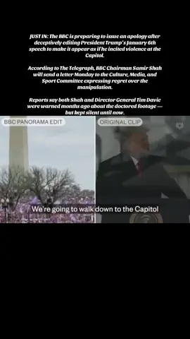 NEW: The BBC is preparing to issue an apology after deceptively editing President Trump’s January 6th speech to make it appear as if he incited violence at the Capitol. According to The Telegraph, BBC Chairman Samir Shah will send a letter Monday to the Culture, Media, and Sport Committee expressing regret over the manipulation. Reports say both Shah and Director General Tim Davie were warned months ago about the doctored footage — but kept silent until now. #news #trump #bbc #republican #maga 