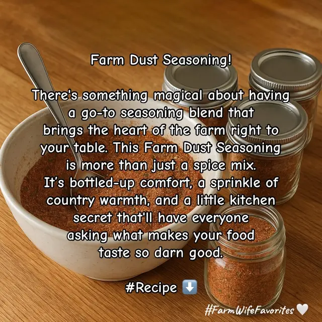Here’s a Farm Wife Favorites–style recipe for a signature Farm Dust Seasoning — it’s a versatile, all-purpose farmhouse blend that adds warmth, depth, and a little “country magic” to everything from meats to veggies: 🌾 Farm Dust Seasoning Recipe ~ A Farm Wife Favorites Blend ~ Perfect for: meats, roasted potatoes, corn on the cob, veggies, soups, eggs, popcorn, grilling, and more. This blend is savory, a little smoky, a little sweet — the true taste of farm comfort. 🧂 Ingredients 	•	4 Tbsp garlic powder 	•	4 Tbsp onion powder 	•	3 Tbsp paprika (smoked or sweet, depending on preference) 	•	3 Tbsp salt (sea salt or kosher salt ~ Cut back to 1 or 2 Tbsp if you’re watching your sodium.) 	•	2 Tbsp black pepper 	•	1 Tbsp brown sugar (adds depth — optional but recommended) 	•	1 Tbsp dried parsley 	•	1 Tbsp dried thyme 	•	1 Tbsp chili powder 	•	1 tsp cayenne pepper (optional for a light kick) 👩🏼‍🌾 Instructions 	1.	Combine all ingredients in a mixing bowl. 	2.	Whisk or stir until evenly blended. (Whirring it briefly in a blender makes a finer texture if desired.) 	3.	Pour into an airtight jar or shaker labeled “Farm Dust.” 	4.	Store in a cool, dry place — it’ll keep fresh for up to 6 months (though you’ll likely use it faster!). 🌽 Farm Wife Tip 	•	Sprinkle Farm Dust on buttered sweet corn before grilling — unreal flavor! 	•	Mix 2 Tbsp of Farm Dust into ½ cup olive oil or melted butter for a quick marinade. 	•	Dust over roasted veggies or fries for an instant “farmhouse flavor upgrade.” 🏷️ Gift Packaging Idea Fill small glass spice jars or mini mason jars, tie with twine, and attach a tag: “Farm Dust — a little taste of home from our farm to your table.” ——— Watch for complimentary printable coming soon in my b*i*o 😊 #Recipe #recipesoftiktok #seasoning #DIY #giftidea  FarmWifeFavorites 🤍
