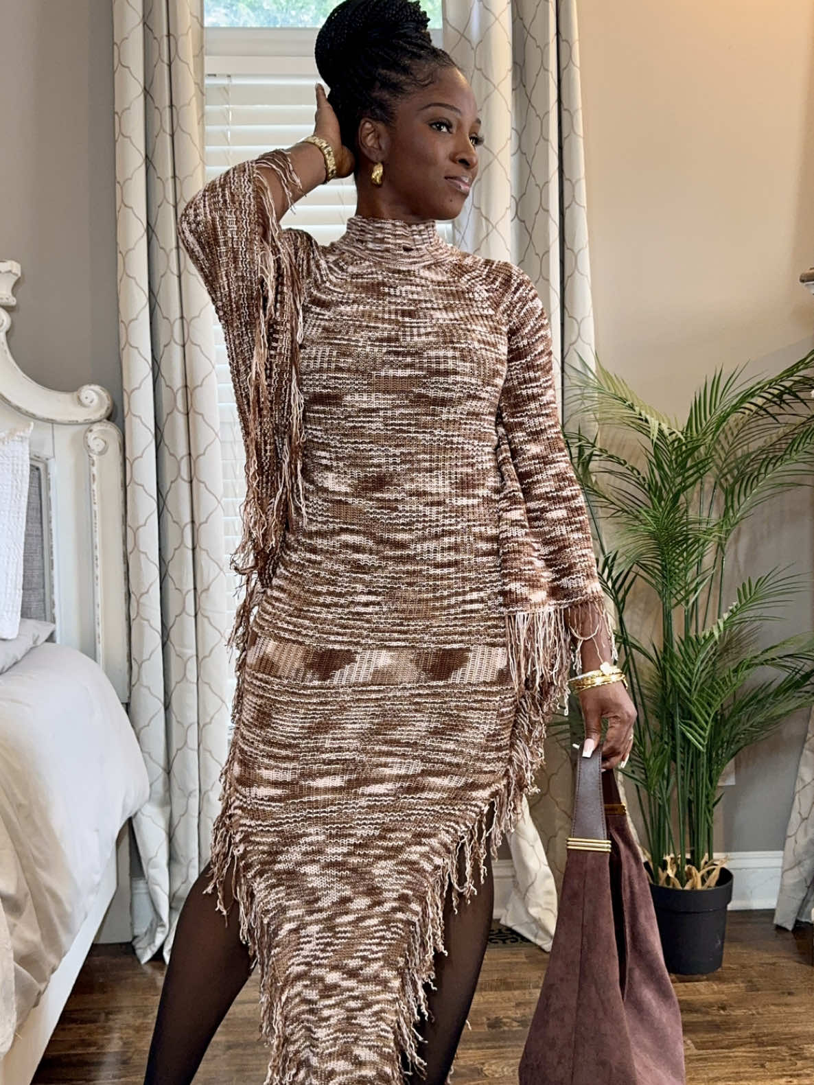 Sunday OOTD. The cooler weather means I can wear my sweater dresses. This one is from @Fashion Nova Checkout my scent of the day and the fleece tights in my showcase by clicking the cart. #sundayootd #sweaterweather #fashionover40 #tiktokshopblackfriday #spotlightfinds  