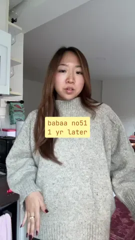 my first babaà sweater 1 year later! no51 in mist i wanted to invest in a few sweaters and am so happy with this wool one, especially once the neck relaxed it’s become one of my go-tos in the winter. for reference i’m ~ 5’2” so this crop length is a perfect normal length on me! hopefully helpful for anyone planning for the babaa holiday sale