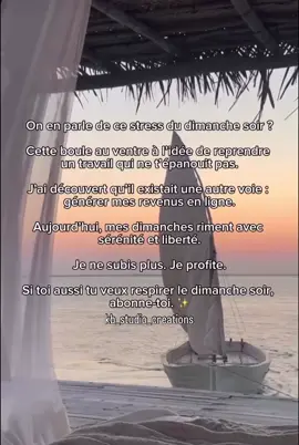 Je t’explique 👇🏼 Tu mérites des dimanches qui ne font pas peur. Des dimanches qui ressemblent à une respiration. Pas à un compte à rebours. Quand ton corps te parle chaque semaine, ce n’est pas “normal”. C’est un signal. Un appel à créer autre chose. Quelque chose qui te nourrit, pas qui t’épuise. Le jour où j’ai compris que je pouvais créer un revenu autrement que dans une routine qui me vidait… J’ai repris du souffle. Du temps. De la liberté. Et c’est ça que je veux que tu saches : Il existe d’autres chemins. Même si tu pars de zéro. Même si t’as peur. Même si tu doutes. Si tu sens que c’est ton moment : 💬 Écris-moi “GUIDE” et je t’explique comment commencer à construire un revenu en ligne, à ton rythme. 🩷 Tu n’es pas née pour survivre. Tu es née pour vivre. #femmeAmbitieuse #femmeIndependante #revenuspassifs #libertefinanciere #marketingdigital             SEO | formation en ligne | marketing digital débutante | indépendance digitale | autonomie financière | passe à l’action | reprendre sa vie en main | confiance en soi | travail à domicile | femme | girl boss | faceless | nouveau départ | argent en ligne | travail à domicile | femme audacieuse | business en ligne | formation digitale | création de contenue | Sideline | mindset |