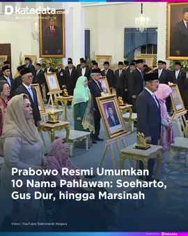 Presiden Prabowo Subianto resmi mengumumkan nama 10 tokoh yang diberikan gelar pahlawan nasional. Pengumuman dilakukan di Istana Kepresidenan, Jakarta, Senin (10/11).  Sejumlah nama yang masuk antara lain Presiden ke-2 Soeharto, Presiden ke-4 Abdurrahman Wahid atau Gus Dur, aktivis buruh Marsinah, hingga mantan komandan Resimen Pasukan Komando Angkatan Darat (RPKAD) Sarwo Edhie Wibowo. Acara dimulai dengan menyanyikan lagu kebangsaan, mengheningkan cipta, disusul dengan memberikan gelar kepada para pahlawan nasional yang diwakili oleh ahli warisnya.  Berikut nama-nama tokoh yang diberikan gelar pahlawan: 1. Abdurahman Wahid (Jawa Timur)  2. Jenderal Besar TNI Soeharto (Jawa Tengah)  3. Marsinah (Jawa Timur)  4. Mochtar Kusumaatmaja (Jawa Barat)  5. Hajjah Rahma El Yunusiyyah (Sumatra Barat)  6. Jenderal TNI (Purn) Sarwo Edhie Wibowo (Jawa Tengah) 7. Sultan Muhammad Salahuddin (NTB)  8. Syaikhona Muhammad Kholil (Jawa Timur)  9. Tuan Rondahaim Saragih Garingging (Sumatra Utara) 10. Zainal Abidin Syah (Maluku Utara). Selengkapnya, klik link di bio. Kreator konten: Yelinda Editor: Ameidyo Daud Nasution, Nur Farida #GelarPahlawan #Soeharto #Gusdur #PahlawanIndonesia #KatadataUpdate #Katadatacoid #KalauBicaraPakaiData