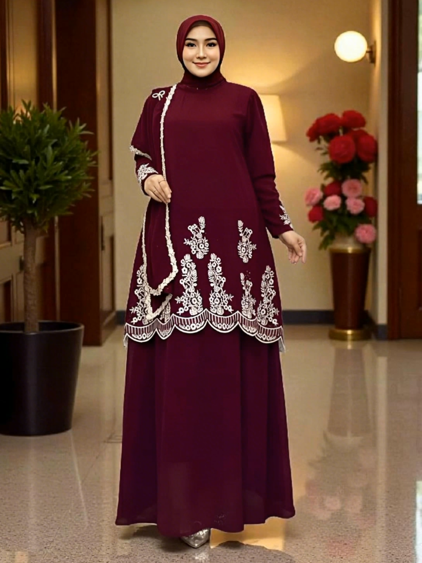 Gamis Fatimah Bordir Ceruty Premium Set Hijab Kombinasi Payet Mutiara #promoguncang1111  #gamismewah #gamismurah  #gamissimple #gamiskekinian