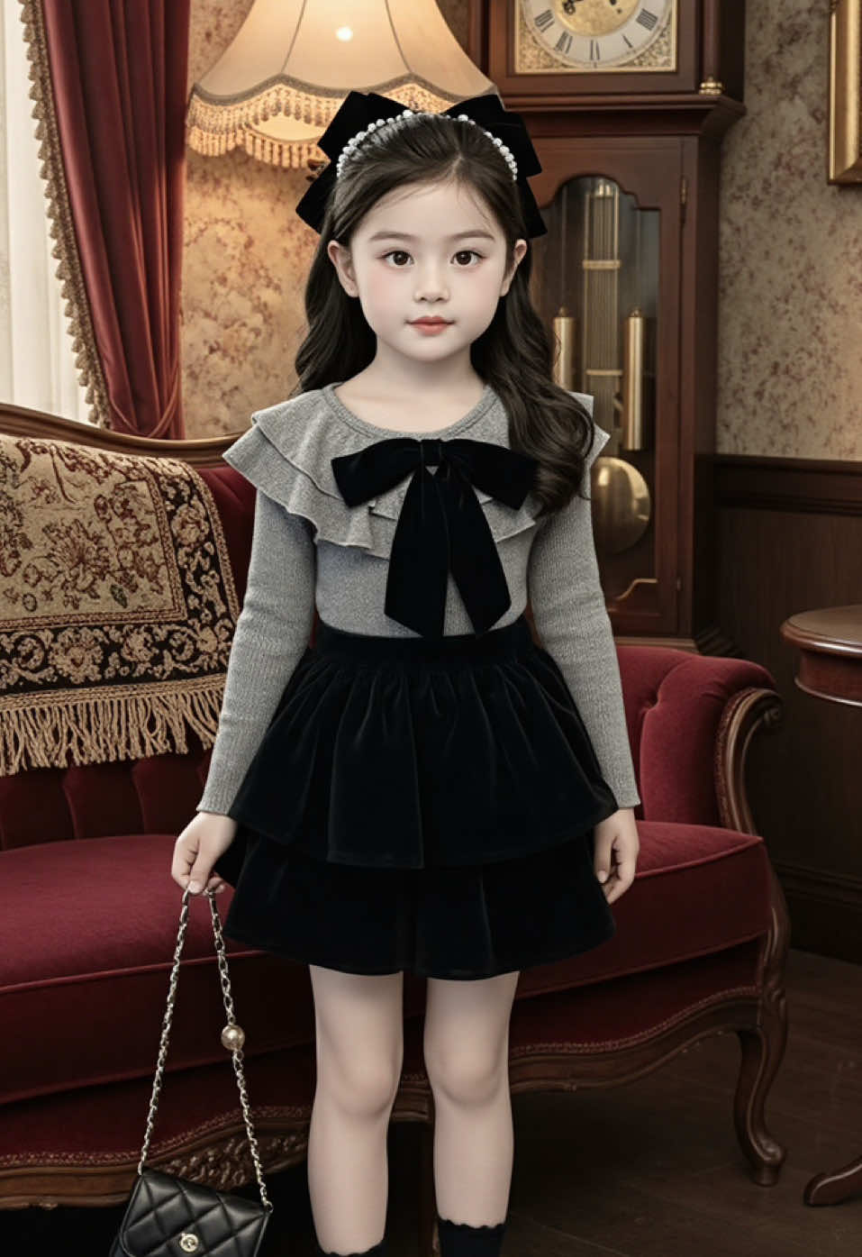 Set áo thun tăm xám ghi cổ bèo gắn nơ xinh, kèm chân váy nhung xoè hai tầng xinh đẹp, dành cho bé gái (7–29kg).#bodaitaychobe #setaovaychobe #bothudongchobe #setthudongxinh #bothudong 
