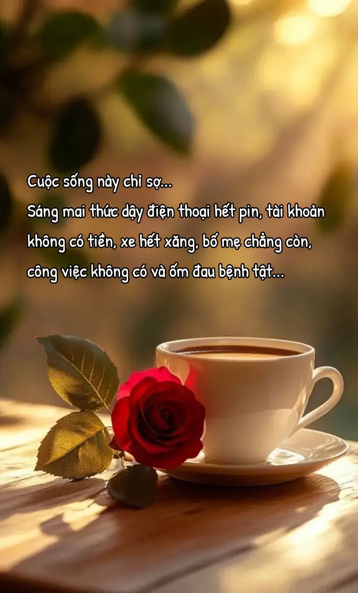 Đàn ông thôi mà. có phải tiền đâu mà sợ mất... Anh đủ chân thành thì em tử tế... Anh nhạt nhoà thì đổi rượu lên bia... Sao phải nghĩ..! Cuộc sống này chỉ sợ.. Sáng mai thức dậy điện thoại hết pin, tài khoản không có tiền, xe hết xăng, bố mẹ chẳng còn, công việc không có và ốm đau bệnh tật,.. Suy cho cùng đàn ông cũng chỉ là gia vị cuộc sống. Có thì ăn mặn một tí, không có chuyển sang ăn chay.. #thithamdemmuon @Thì thầm đêm muộn. 