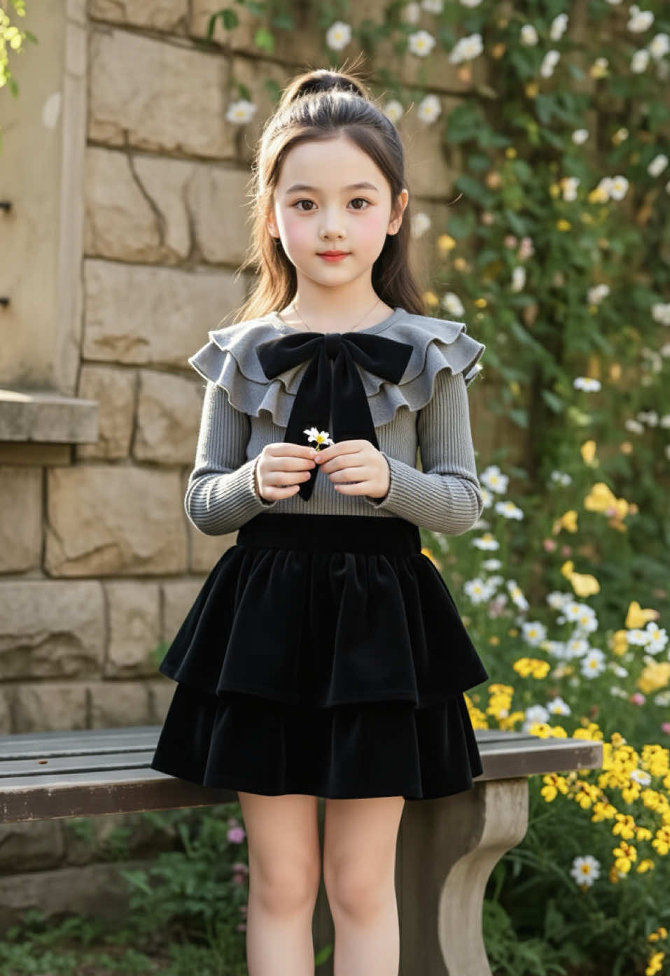 Set áo thun tăm xám ghi cổ bèo gắn nơ xinh, kèm chân váy nhung xoè hai tầng xinh đẹp, dành cho bé gái (7–29kg).#bodaitaychobe #setaovaychobe #bothudongchobe #setthudongxinh #bothudong 