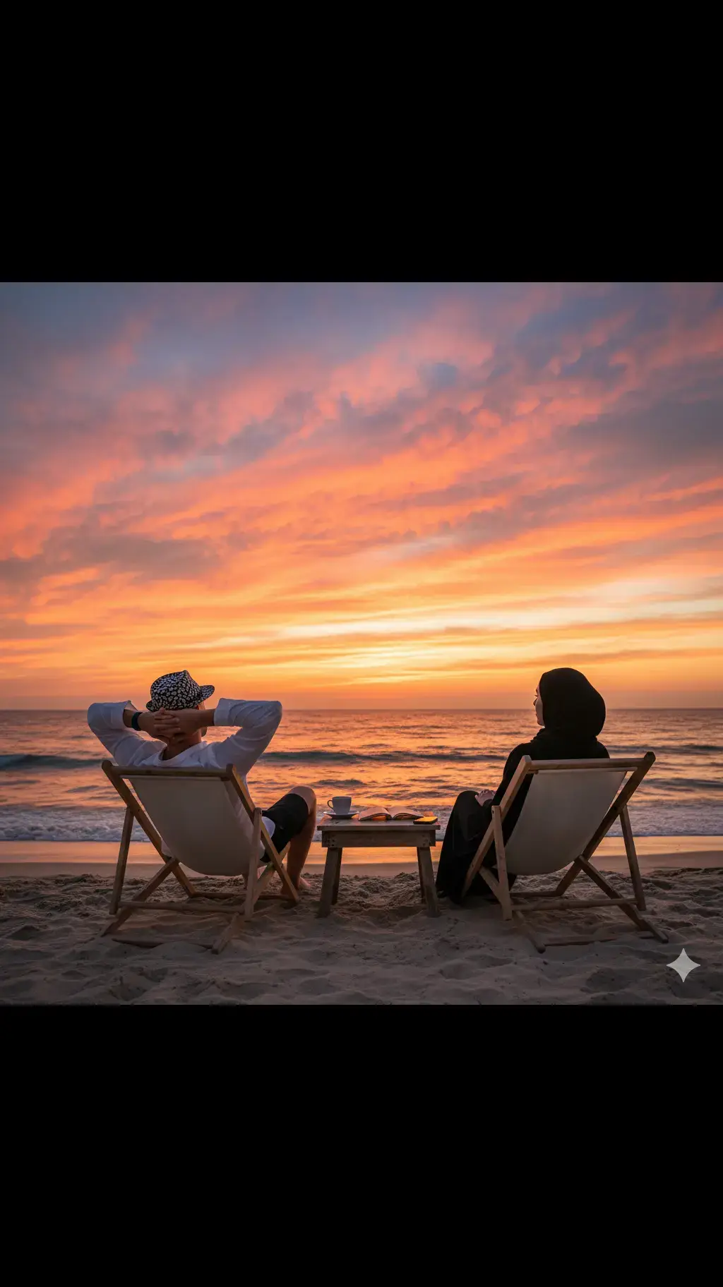 tutorial gemini ai  1. buka aplikasi gemini  2. masukan foto 📸 3. copy + paste prompt di bawah 👇 Prompt: Foto sinematik hiper-realistis 8K, rasio 9:16. Seorang pria muda tampan berusia 25 tahun dengan kulit putih bersih, mengenakan kemeja pantai warna putih, celana pendek hitam, dan topi hitam putih. Seorang wanita cantik berusia 23 tahun mengenakan hijab dan pakaian pantai modis serba hitam. Mereka sedang duduk di kursi di tepi pantai, membelakangi laut saat matahari terbenam. Sang pria bersandar dengan kedua tangan di belakang kepala, menengadah ke atas. Di sampingnya ada meja kecil dengan secangkir kopi, ponsel, dan sebuah buku kecil di atasnya. Latar belakangnya adalah matahari terbenam yang dramatis di atas lautan, dengan langit penuh warna oranye, merah, dan ungu yang cerah, memberikan cahaya hangat pada pasangan tersebut. #geminiai #fy 
