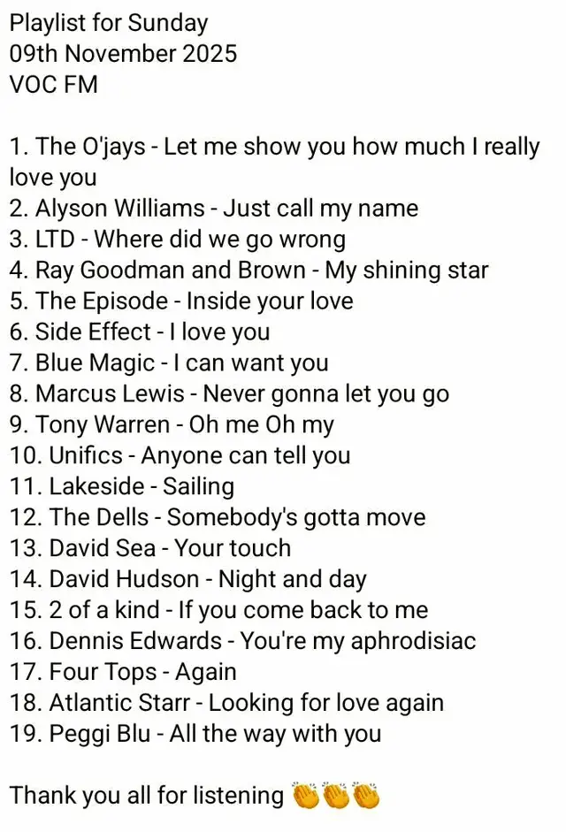 Sunday 09th November 2025 Playlist at VOC FM 