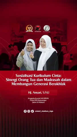 Dalam sosialisasi Kurikulum Cinta, Sinergi Orang Tua dan Madrasah dalam Membangun Generasi Berakhlak yang digelar oleh Kementerian Agama RI melalui Fakultas Tarbiyah UIN Madura, saya menyampaikan sejumlah hal. Pertama, agar terjalin kerja sama yang kuat antara guru dan orang tua dalam menanamkan nilai-nilai moral dan akhlak pada anak. Jika sudah tercipta komunikasi yang baik antara orang tua dan guru maka dengan mudah karakter serta ahlak anak dibentuk, dan setiap persoalan yang menimpa anak dengan mudah diselesaikan. Kedua, saat ini perubahan sosial dan arus globalisasi menuntut pendidikan tidak hanya berorientasi pada pengetahuan, tetapi juga pembentukan karakter dan akhlakul karimah. Ini harus menjadi perhatian kita bersama, agar para guru, orang tua, benar-benar memperhatikan perubahan arus globalisasi dan teknologi digital yang itu sangat berdampak pada karakter anak-anak kita. #hjansari #dprri #fraksipdiperjuangan 
