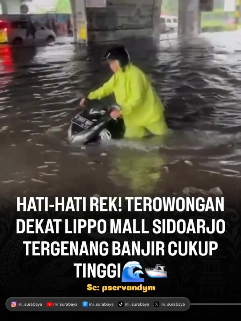 Buat yang mau melintas di kawasan terowongan dekat Lippo Mall Sidoarjo, harap berhati-hati ya rek! Air tampak cukup tinggi dan sulit dilalui kendaraan kecil. Beberapa pengendara terpaksa putar balik karena arus air cukup tinggi . Disarankan untuk cari jalur alternatif lain dulu, sampai kondisi benar-benar aman dilewati. 🌧️ #InfoSidoarjo #BanjirSidoarjo #iniSurabaya #SurabayaHariIni 