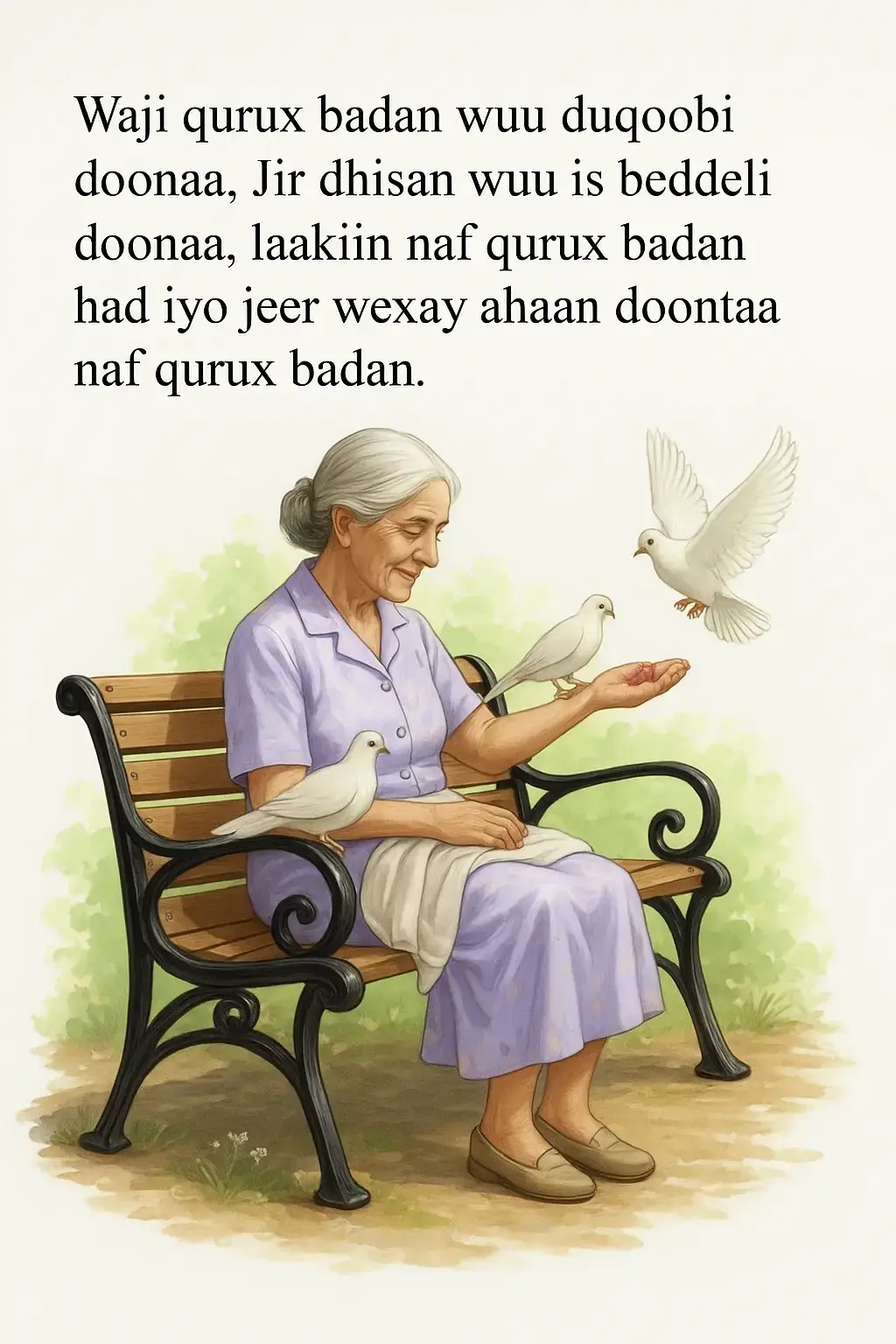 Quruxda dhabta ahi ma aha mid jirka ama wejiga lagu arko, balse waa mid qalbiga iyo nafta ku jirta. Waqtigu wuu beddelaa muuqaalka, laakiin qofka leh naxariis, deeqsinimo, iyo daacadnimo, quruxdiisa gudaha marna ma libdho. Naf qurux badan waa mid iftiimisa meel kasta oo ay tagto, xitaa haddii ay wejigeedu duqoobo ama jidhkeedu daalo. Dunida maanta oo dadka badankoodu diiradda saarayaan muuqaalka, waxaa muhiim ah in la xasuusnaado in quruxda dhabta ahi ay tahay tan aan la arki karin balse la dareemi karo. Qofka leh ruux wanaagsan wuxuu taaban karaa quluubta dadka kale, wuxuuna reebaa xusuus aan marnaba la iloobi karin. Quruxda gudaha ahi waa hadiyad aan waqti iyo da’ midna tirtiri karin.